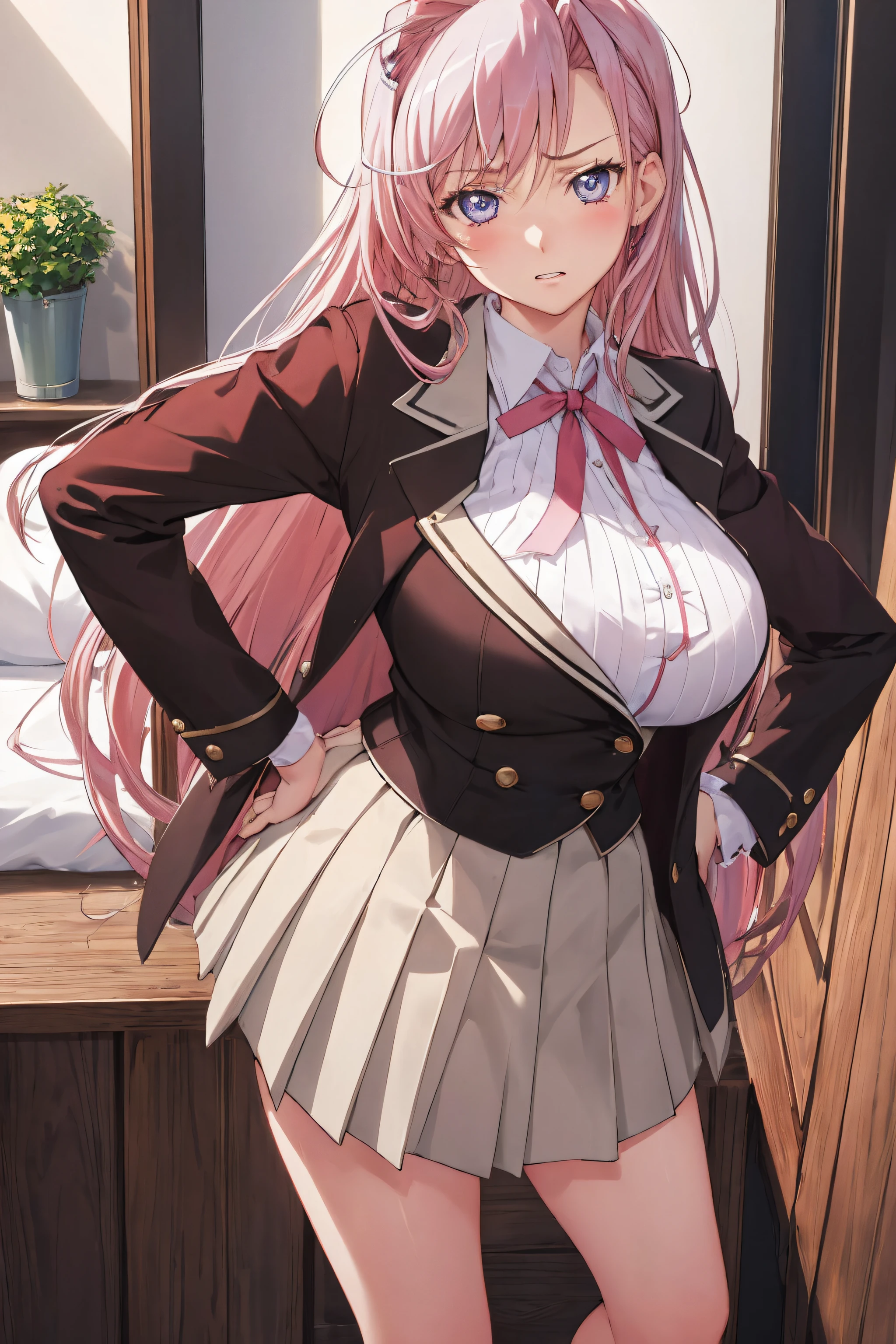 masterpiece, (best quality), 1woman,1girl ,charlotte_hazelrink,    pink hair,  long hair, very long hair,   blue eyes,purple eyes, brown_jacket,White collared shirt, Green_pleated_skirt,school uniform,  red ribbon ,   large breasts,,sexy woman, embarrassed,blush, hand on hip, angry, pov,NSFW,vibrant colors ,,natural lighting  ,RTX,  , beautiful, (detailed face:1.2), showcase, (perfect eyes:1.1) ,(photorealistic:1.1), 8k uhd,  looking at viewer, bedroom, indoors,(perfect hands, perfect anatomy),