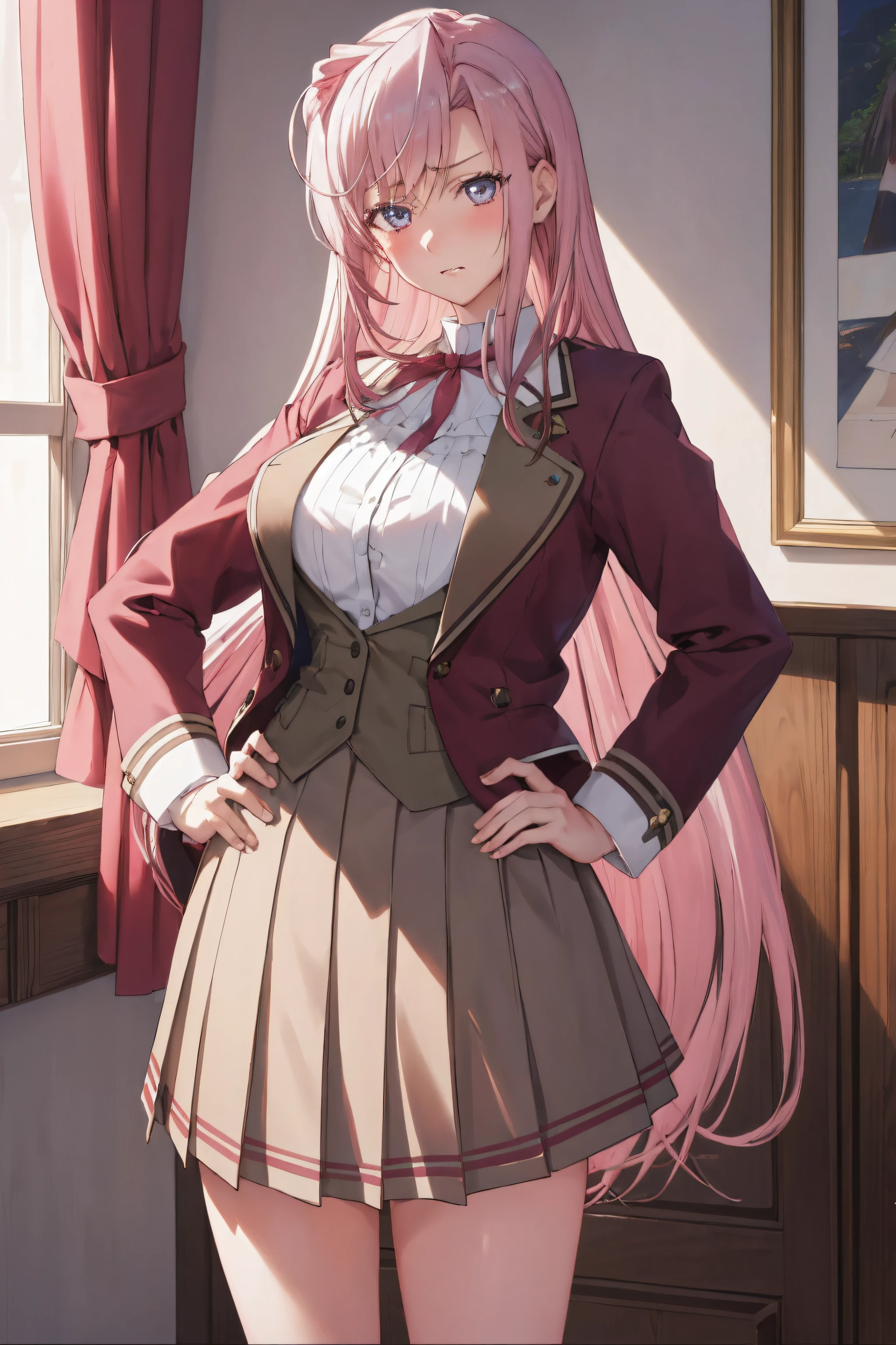 masterpiece, (best quality), 1woman,1girl ,charlotte_hazelrink,    pink hair,  long hair, very long hair,   blue eyes,purple eyes, brown_jacket,White collared shirt, Green_pleated_skirt,school uniform,  red ribbon ,   large breasts,,sexy woman, embarrassed,blush, hand on hip, angry, pov,NSFW,vibrant colors ,,natural lighting  ,RTX,  , beautiful, (detailed face:1.2), showcase, (perfect eyes:1.1) ,(photorealistic:1.1), 8k uhd,  looking at viewer, bedroom, indoors,(perfect hands, perfect anatomy),