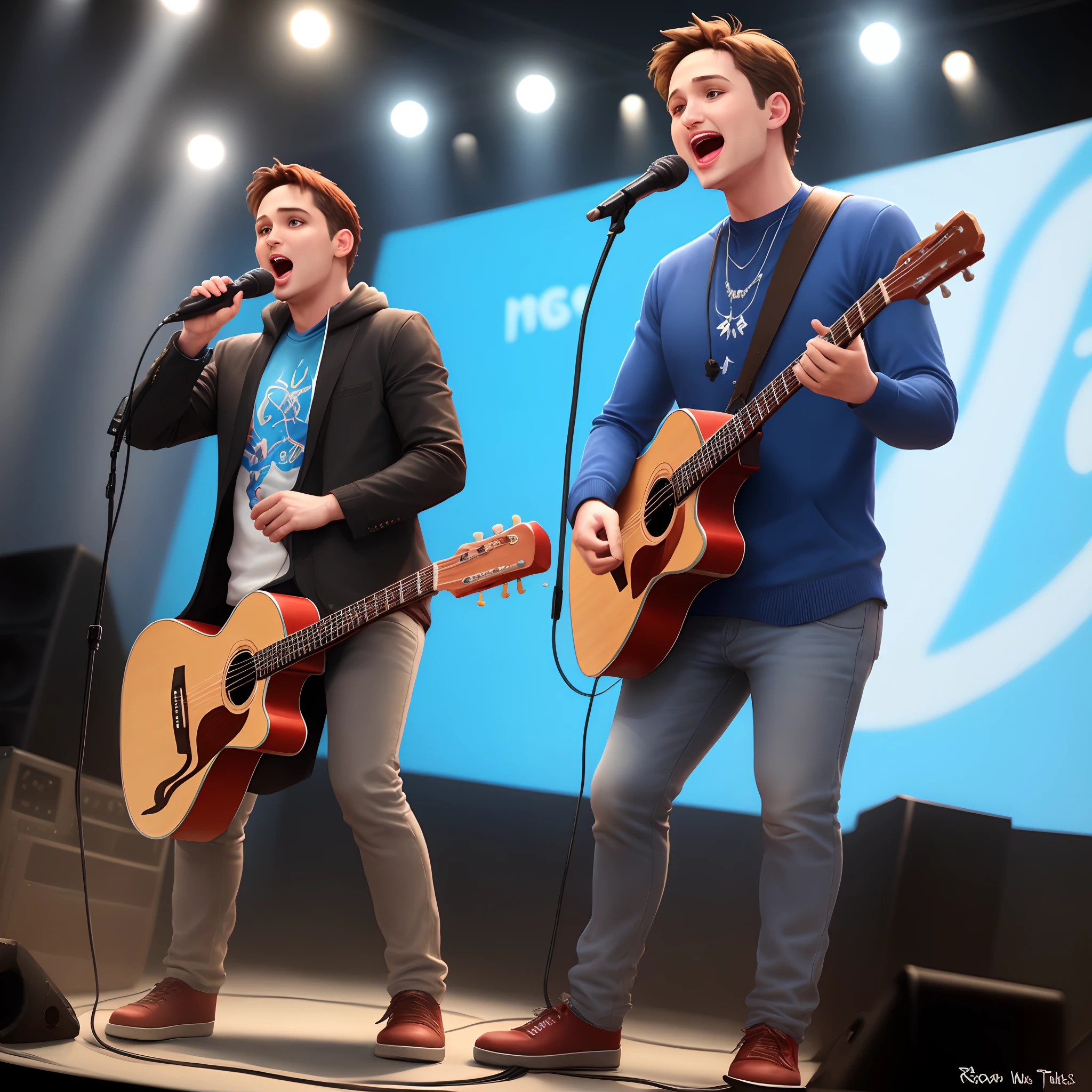 Cantor segurando microfone, cantando no palco personagem com roupa azul estilo Disney pixar