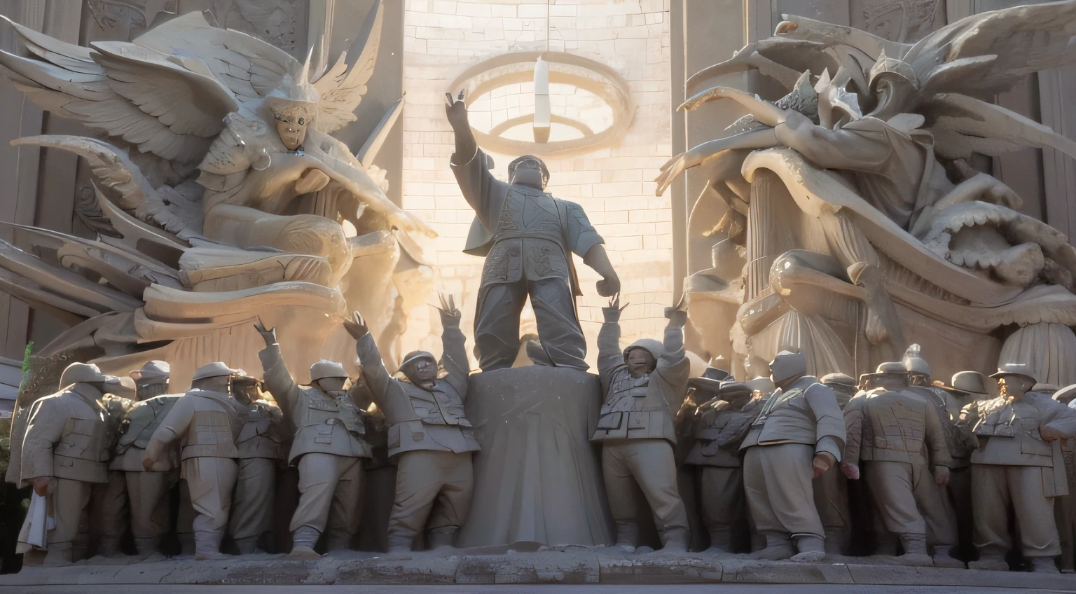 Hay una estatua de un hombre parado frente a un grupo de personas, sergey zabelin, por Artur Tarnowski, inspirado en Dariusz Zawadzki, Sergei Vasnev, Maxim Sukharev, inspirado por Grzegorz Domaradzki, por Alexander Kucharsky, sergey krasovskiy