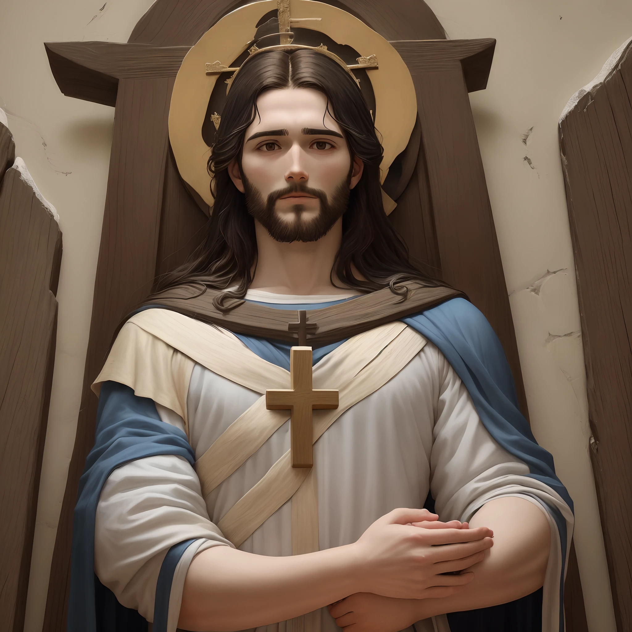 Jesus, o Filho de Deus, estava pregado na cruz, on a hill called Golgotha. His arms were open and his hands pierced by the nails, while his feet were also nailed to the wood. His head was crowned with thorns, causando-lhe grande dor. Seu corpo estava nu e ferido por chicotadas anteriores. Sua face estava cheia de tristeza e sofrimento, but also of love and compassion for sinners. Ao redor da cruz, estavam os soldados romanos, que zombavam e escarneciam dele. Jesus, Even in the midst of your agony, He showed forgiveness and mercy, ao proferir palavras como "Pai, perdoa-lhes, for they do not know what they do". Na cruz, He was giving His life as a sacrifice for the sins of mankind, so that all might be reconciled to God. His death on the cross is a symbol of unconditional love, redemption and hope for all those who believe in him.