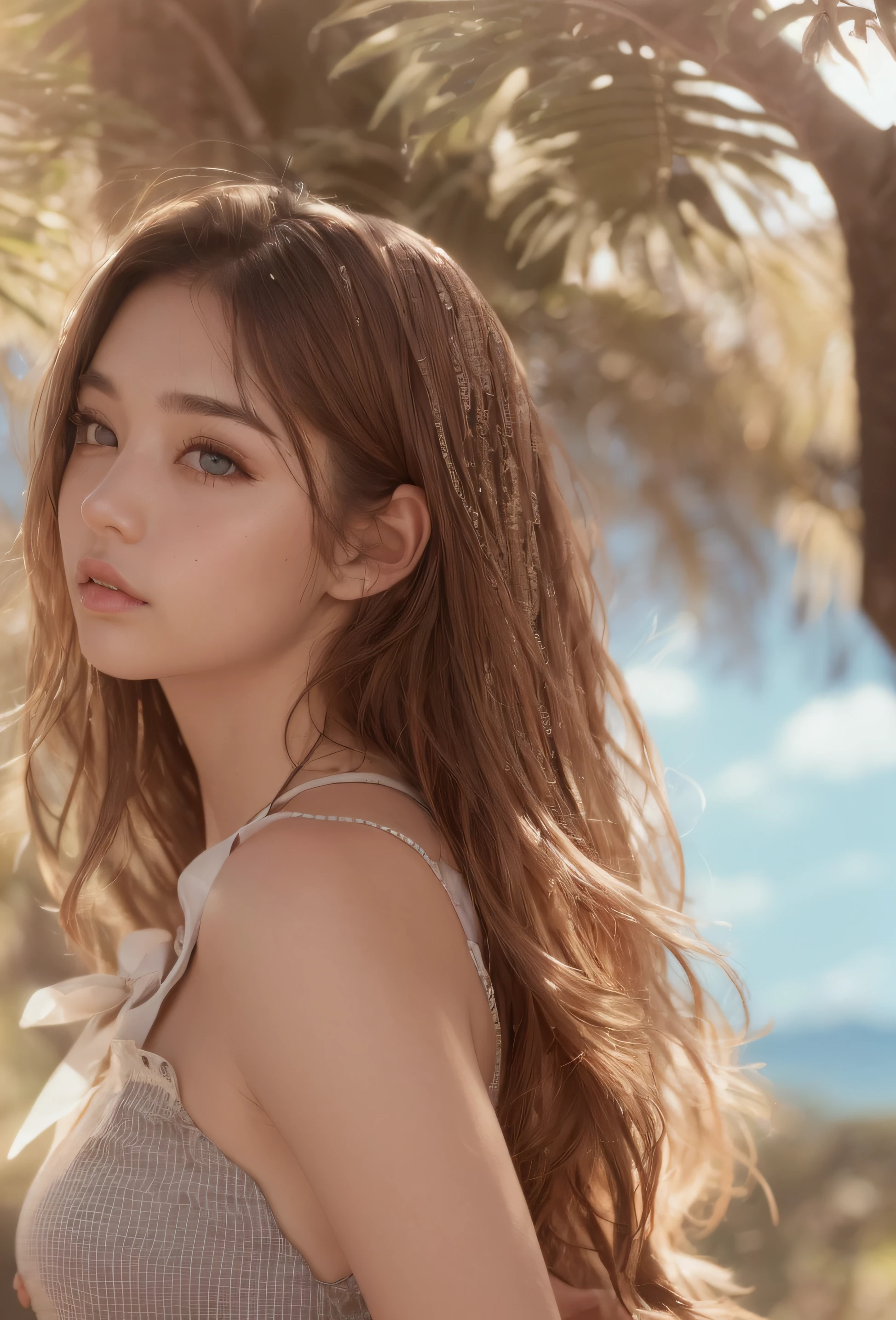 (Detailed beautiful eyes and detailed face, Masterpiece Side Light, masutepiece, Best Quality, ), (One Woman, Beautiful Girl, Shiny skin, Looking down, Looking at Viewer), ( Sky Blue Long Hair, Brown eyes, Skirt, bow ribbon, button-down shirt) 45 degree, full-body view,  Sideways, (Hand Detail)