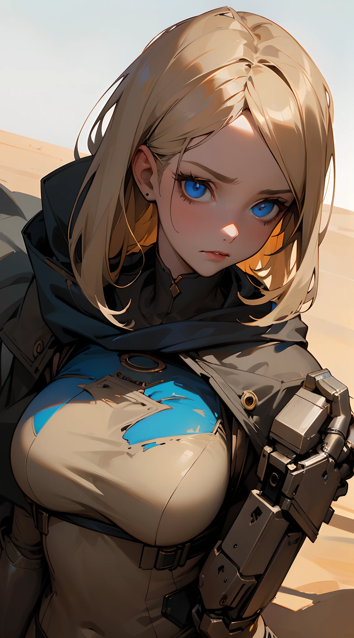 portrait 1 young woman ,dark blue eyes, mechanical Arm,,massive perfect breast, desert survivor,torn outfit,hood,desert fantasy background , desert tornado,,post-apocalyptic, cinematic shot,((masterpiece, best quality, )),