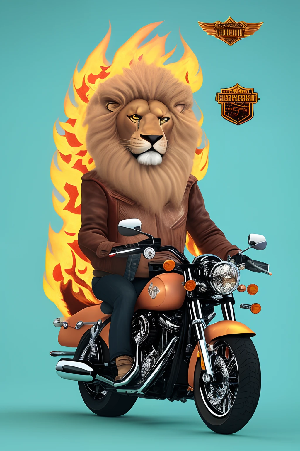 Anthropomorphic character Fire Eagle, lion, harleydavidson motor, kawaii, desenho 3D.