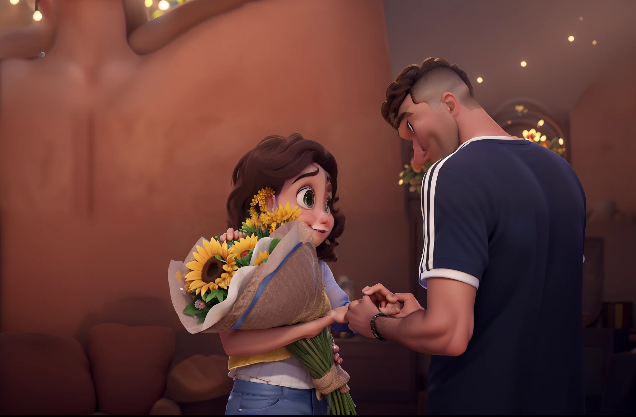 Obra-prima, de melhor qualidade, A man and a woman with sunflower bouquet, estilo disney pixar, alta qualidade, melhor qualidade