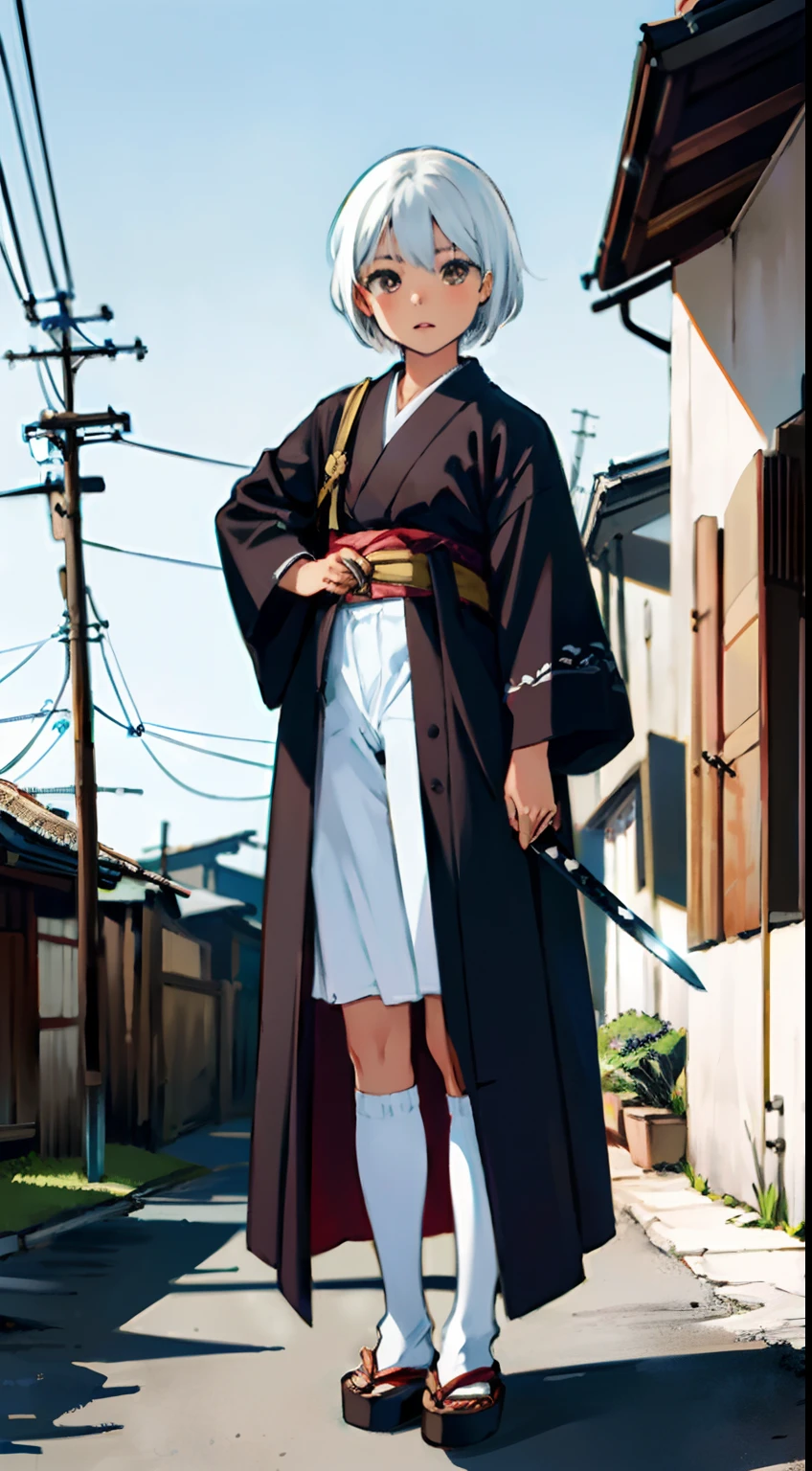 {{{masterpiece}}}, {{{best quality}}}, {{ultra-detailed}}, {illustration}, {{an extremely delicate and beautiful}},(Edo townscape),1girl,nervous, cute girl, solo, japanese clothes, ogre,two horns,short hair, (white hair:1.5),weapon,( sword:1.2), brown eyes, looking at viewer, kimono,(Clothes come off:1.5), brown hair, lips, hand on hip,( sheath:1.2),( katana:1.3), full body, closed mouth, sheathed, hand up,(upskart:1.5),(white panties:1.2),standing on one knee