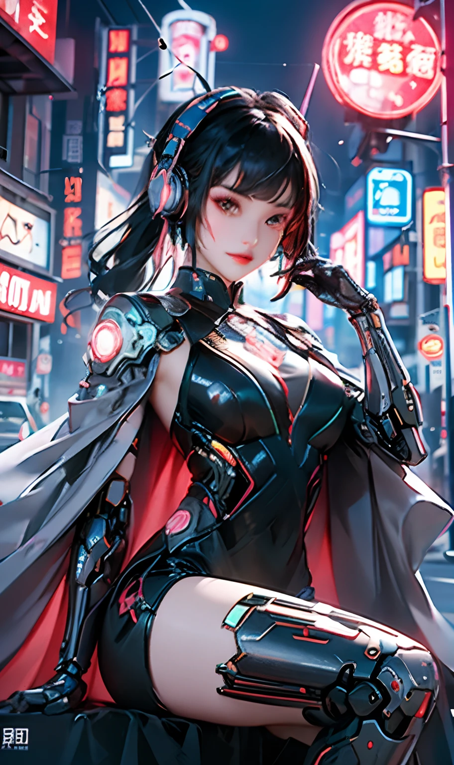 1 girl, Chinese_clothes, metallic black titanium and pink, cyberhan, cheongsam, cyberpunk city, dynamic pose, detailed luminescent headphones, luminous hair accessories, long hair, luminous earrings, glowing necklace, cyberpunk, high-tech city, full of mechanical and futuristic elements, futuristic, technology, glowing neon, pink, pink light, sexy skirt, translucent black cape, laser light, digital background urban sky, big moon, with vehicle, best quality, masterpiece, 8K, Character edge light, super high detail, high quality, the most beautiful woman in human beings, smile, face facing front and left and right symmetry, ear decoration, long antenna glow, beautiful pupils, light effects, visual data, silver-red-orange hair dyeing hair, ultra-detailed facial texture, happy and proud, weapon system, crowded street passers-by, mecha style, wearing a glowing antenna on the head, back injector, girly sitting position, side leg shrinkage