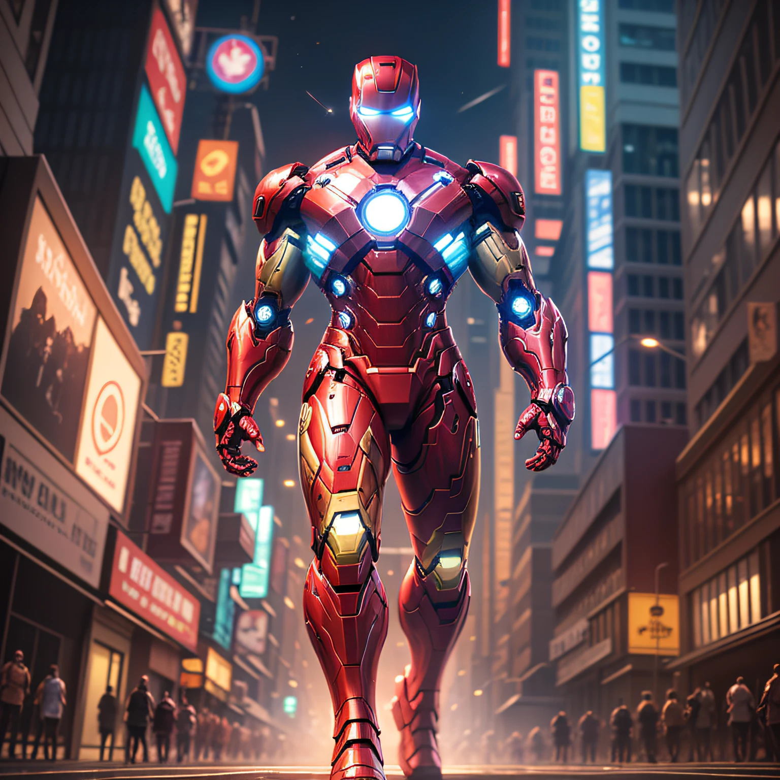 8k, size 16:9, realistic, highly detailed, a 30-year-old man, a man inspired by Iron Man using a brilliant Iron Man mechanism. Without the helmet, he dresses confidently, perfectly interpreting Iron Man's strength and charisma. In a cyberpunk-style night scene of the city, a man is themed around Iron Man cosplay. Wearing a shiny Iron Man mechanism, he stands on a street lined with tall buildings. The city's night lights are bright, reflecting in her short hair, adding a sense of future technology. The surrounding buildings and streets are filled with cyberpunk elements such as neon lights, high-tech devices, and futuristic architectural designs. The whole scene is full of futuristic and sci-fi atmosphere. This high-definition, high-quality image will provide you with stunning visual pleasure, a perfect combination of sensual, futuristic and sci-fi elements. OC rendering, dramatic lighting, award-winning quality