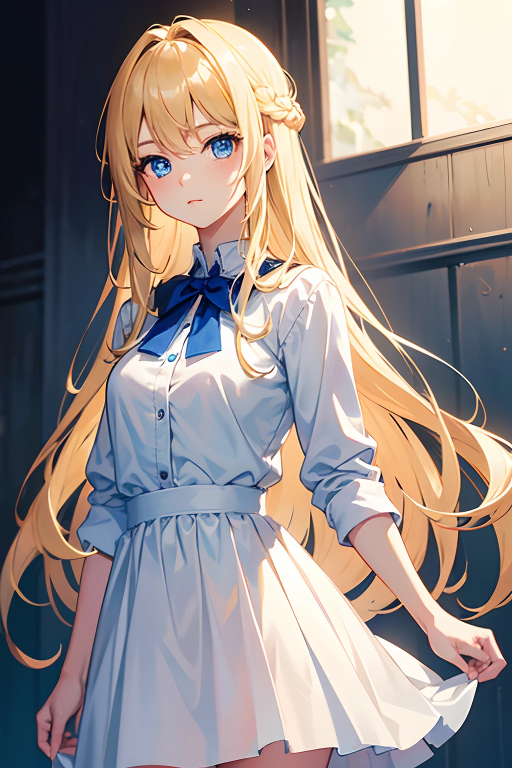(masterpiece:1.2, best quality), (finely detailed beautiful eyes: 1.2) age 20, solo, female, anime girl, blue eyes, shining eyes, blonde hair, standing straight, white skirt, blue blouse.