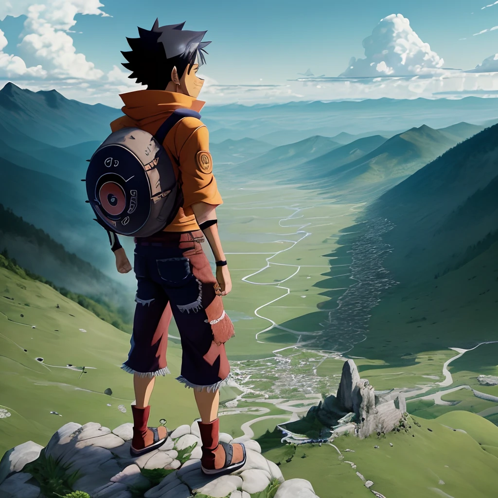 I want an image in anime and reality format with naruto luffy and eren on top of a mountain looking at the current world going into decline