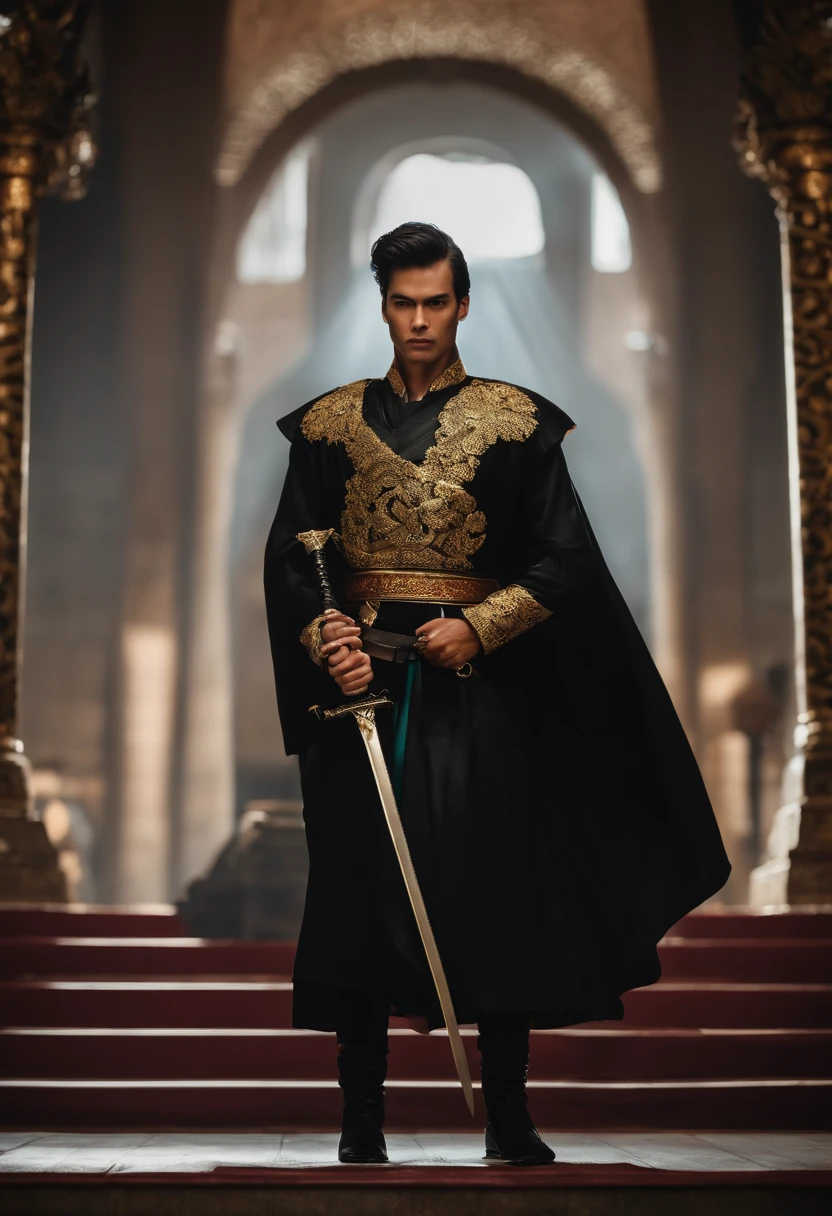 fotografia, homem vestido de preto e ouro segurando uma espada (Estilo FantasyDaimyo:1)