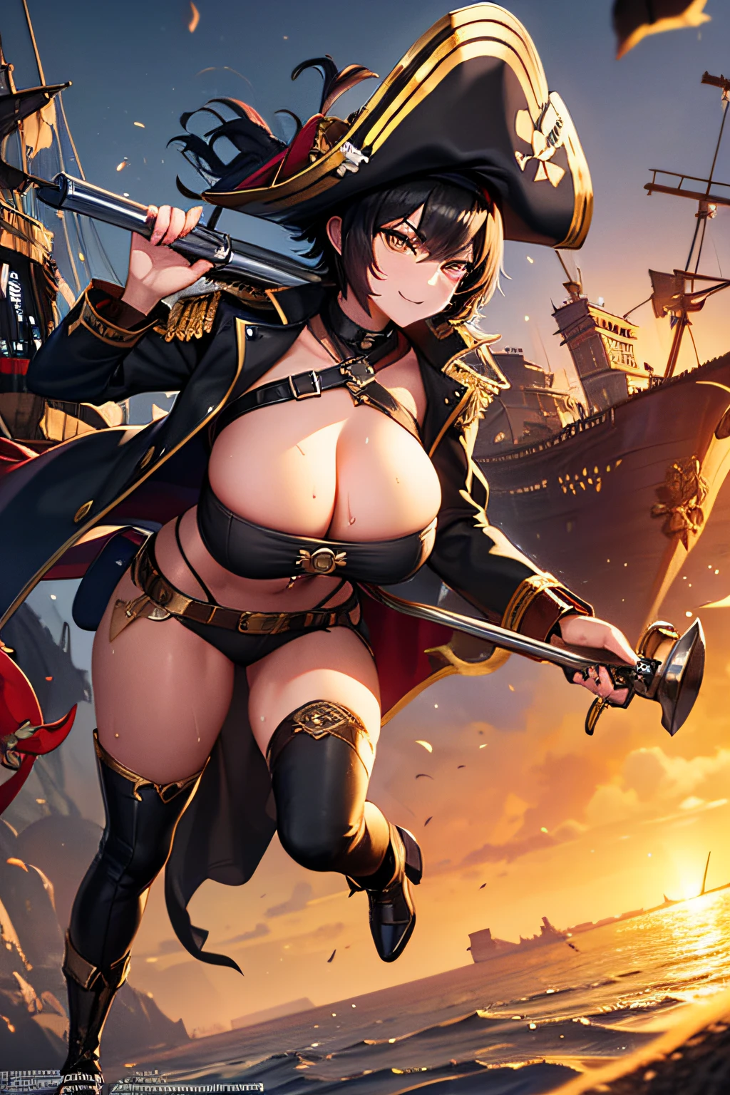 Pirate woman on her ship,sexy full body, black pirate coat, black trousers, black pirates shoes, massive boobs, massive ass, ((black short hair)), leather hat, ((golden eyes)), holding a flintlock pistol,tattoo,pirate ships,sea,sun,sweat,rope,artwork,3D,4K,Detailed,4k highly detailed digital art , BREAK 8K resolution concept art,masterpiece,best quality,illustration, fantasy,focused, on pirate ship, ((in middle of battle, battle pose))