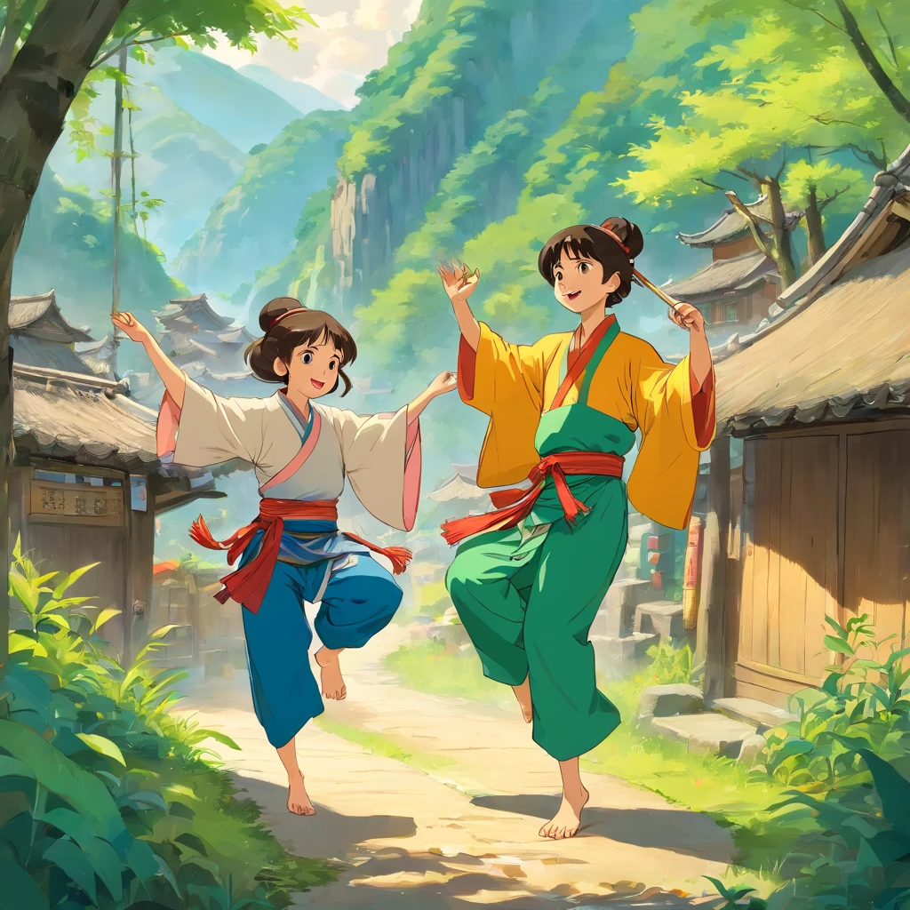 rural village background,The Zhuang people sing mountain songs,Guangxi Mountain,a color,Young person,Zhuang costumes, Dance,two guys,Bamboo pole dance,Bamboo handicrafts