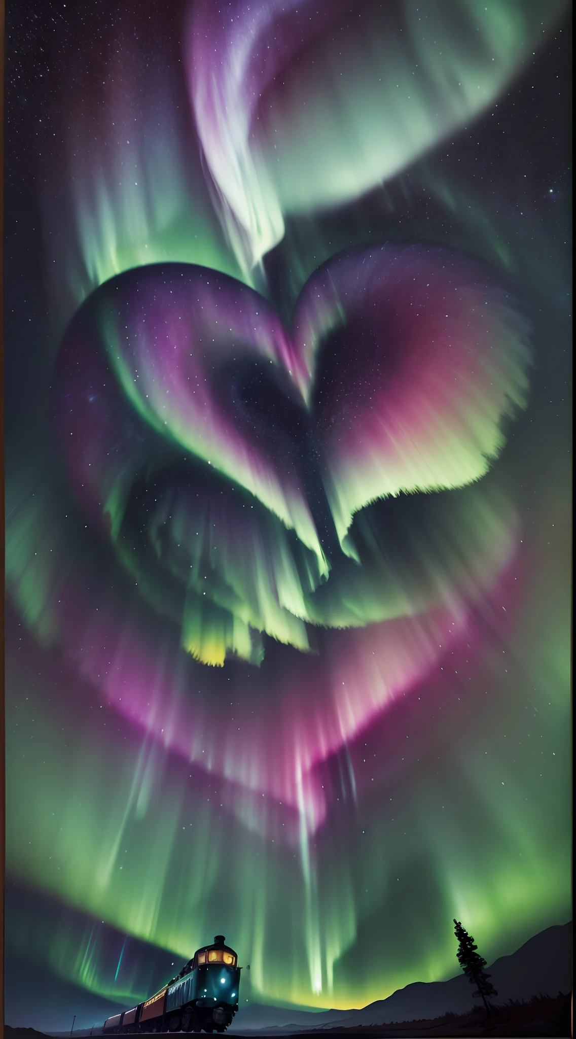 (Extremely detailed Cg Unity 8K wallpaper),(((Masterpiece))), (((Best quality))), ((Ultra-detailed)), (Best Illustration),(Best shadow), A painting of the night sky with a heart-shaped aurora,(Heart-shaped auroras:1.5,The Northern Lights in the sky form a heart shape:1.5), (The train travels on the tracks:1.2),van gogh art style,style of van gogh starry night,Glow-in-the-dark engine, Amazing wallpapers, National Geographic photo,starry Nebula, Beautiful detailed sky,no_humans,Magic Vortex, (((ink))), ((aquarelle))
