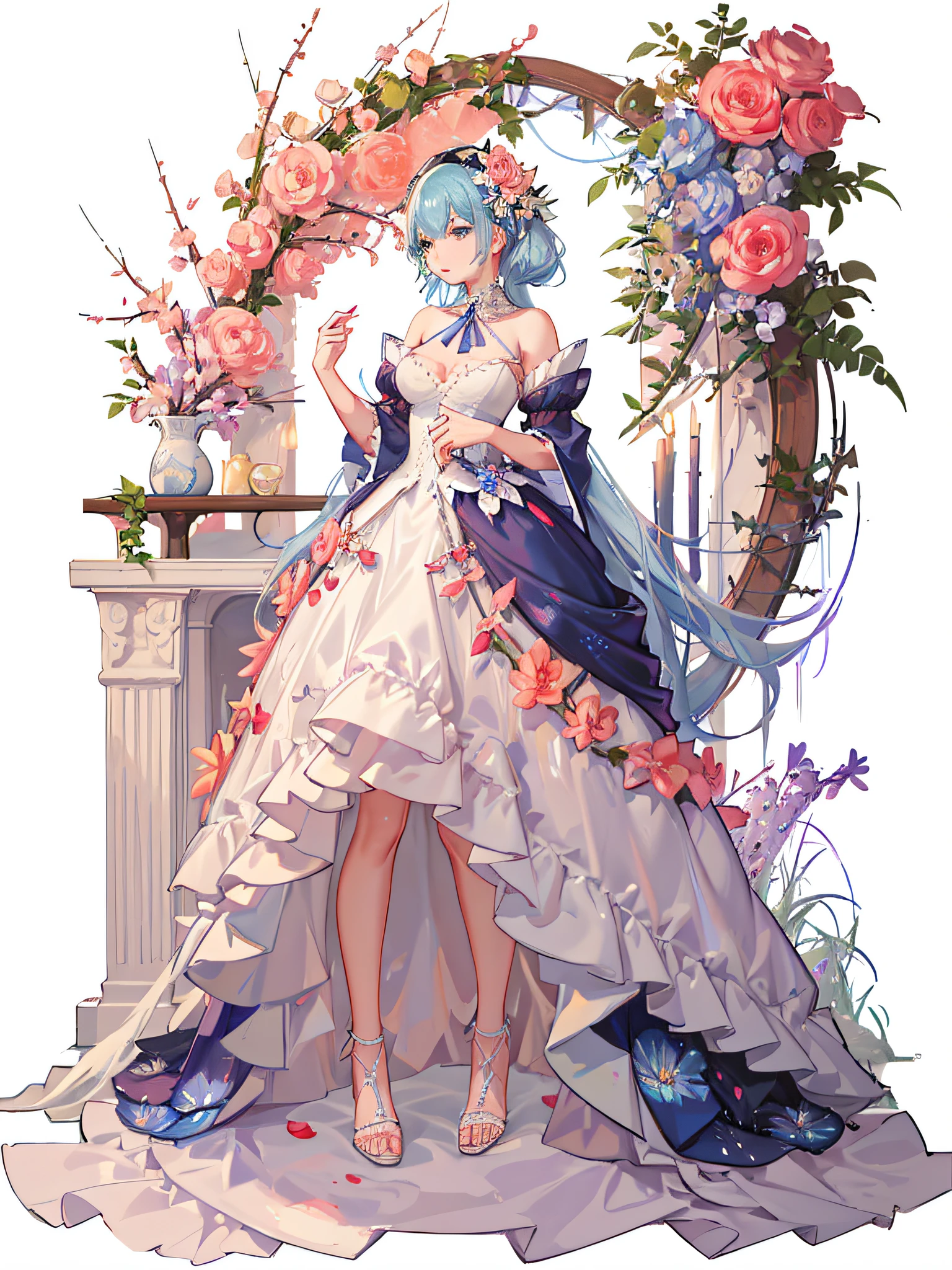 A dress with flowers and ribbons was exhibited, dreamy dress, 🌺 CGSesociety, extravagant dress, magical dress, Bright blue prom dress, kaftan, fantasyoutfit, Dressed in blue, Robe. extremly high detail, Wearing an aquamarine dress, Romantic dress, Guweiz in Pixiv ArtStation, very detailed and rich clothing, dressed beautiful gown