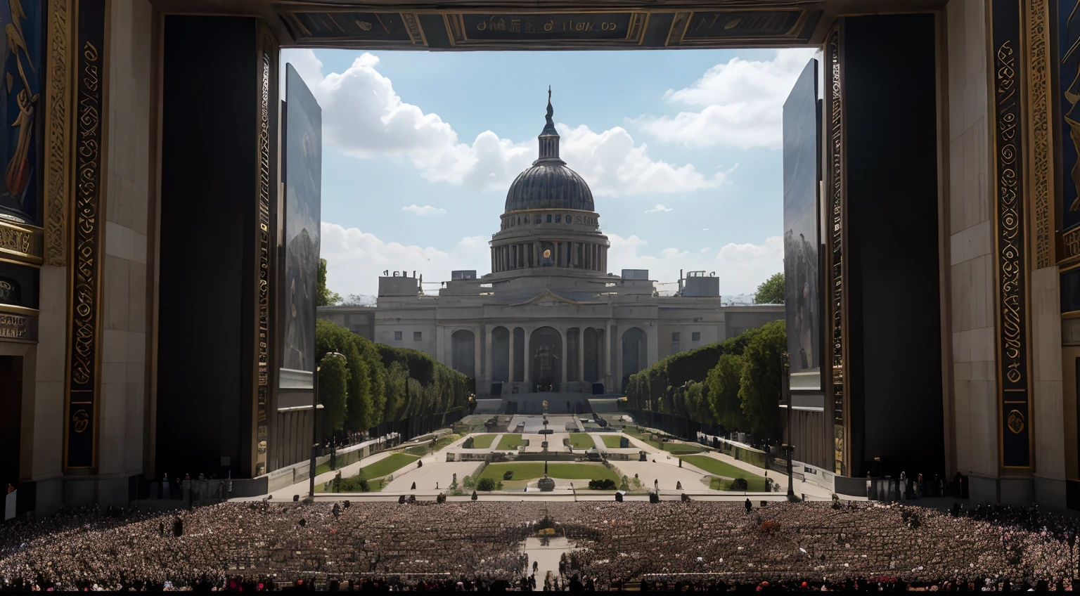 (best quality, highres, ultra-detailed), monument, historical scene, abolition of the army in 1948, peace, stability, country, peaceful atmosphere, unity, pride, symbolic representation, grandeur, detailed architectural design, meticulous craftsmanship, realistic portrayal, vibrant colors, realistic lighting, historical accuracy, significant moment, celebratory atmosphere, large crowd, joyful expressions, national heritage, sense of accomplishment, historical landmark