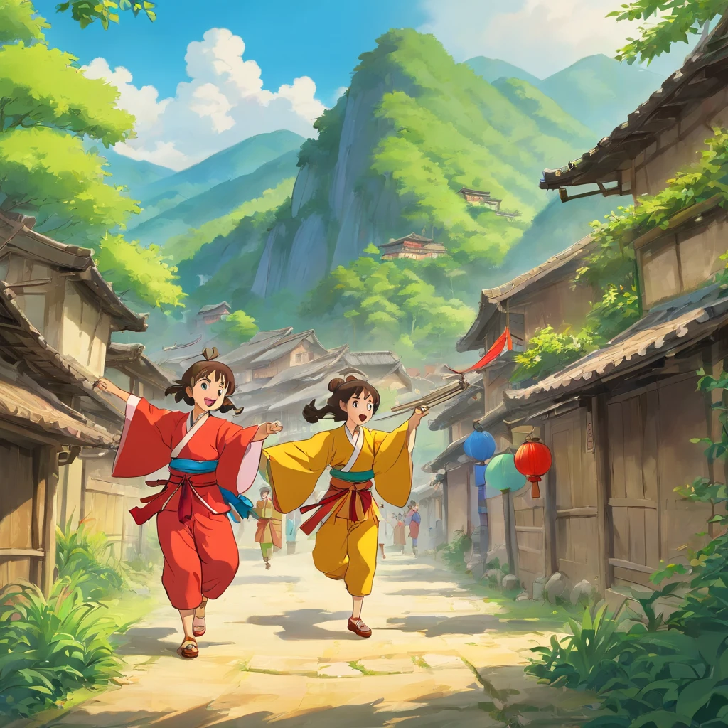 rural village background,The Zhuang people sing mountain songs,Guangxi Mountain,a color,Young person,Zhuang costumes, Dance,two guys,Bamboo pole dance,Bamboo handicrafts