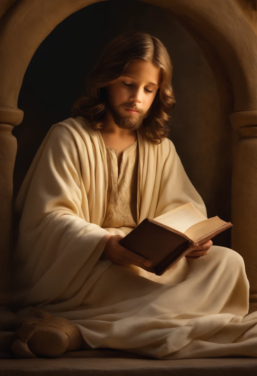Create an artistic and detailed image of Jesus Christ as a child, Mediterranean-looking about 10 years old, sitting serenely in a tranquil setting of the biblical era, reading a scroll or an ancient book that represents the Bible. He must be dressed in period attire, com cabelos castanhos e olhos expressivos. The surrounding environment should convey peace and inspiration. Use muted colors and soft lighting to highlight Jesus' face and hands, emphasizing the act of reading.