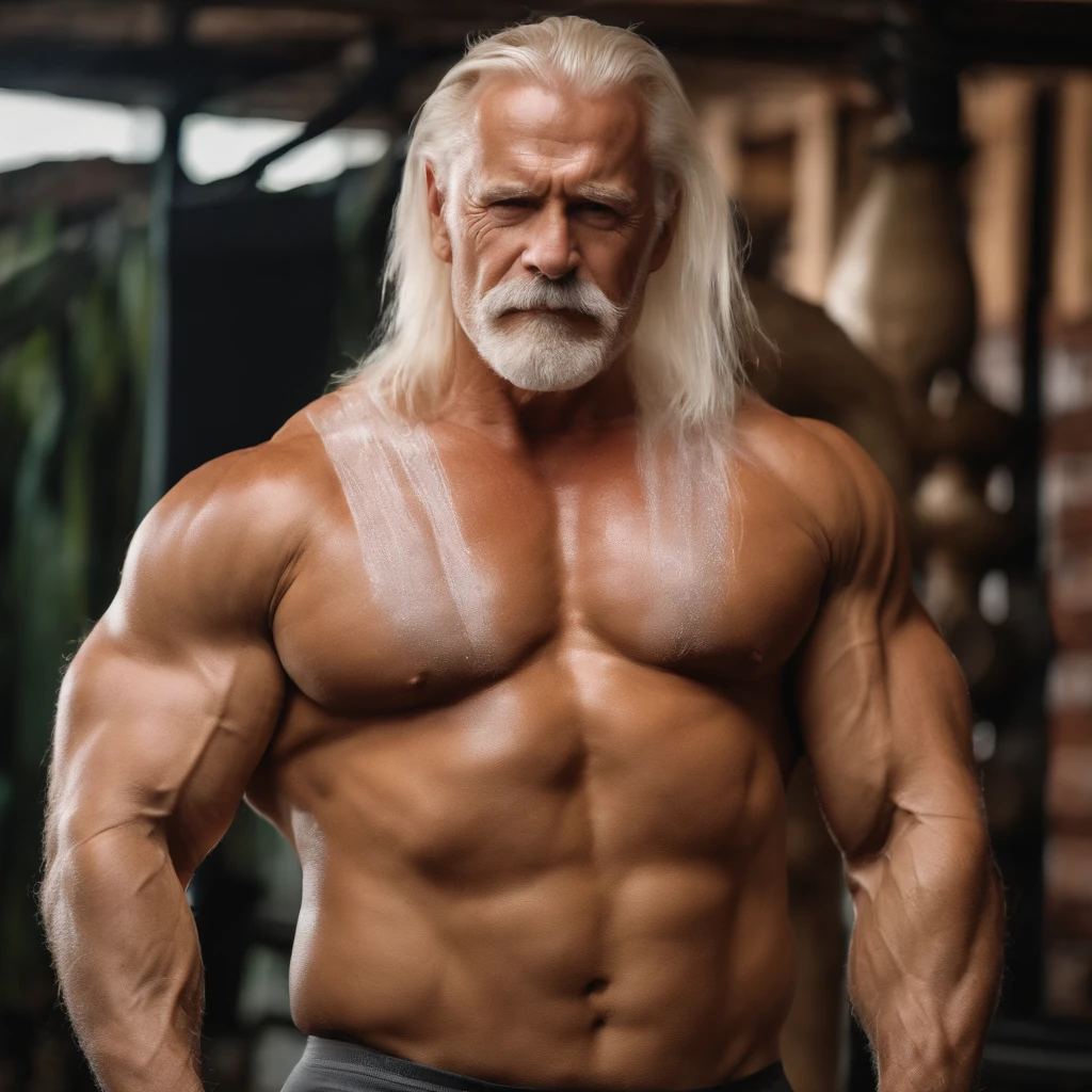 Old white bodybuilder dad. blondes Haar. wet body. Strand. large pectoral muscle. Körperansicht. Rosenschale .laut lachen . niedlicher Vampir