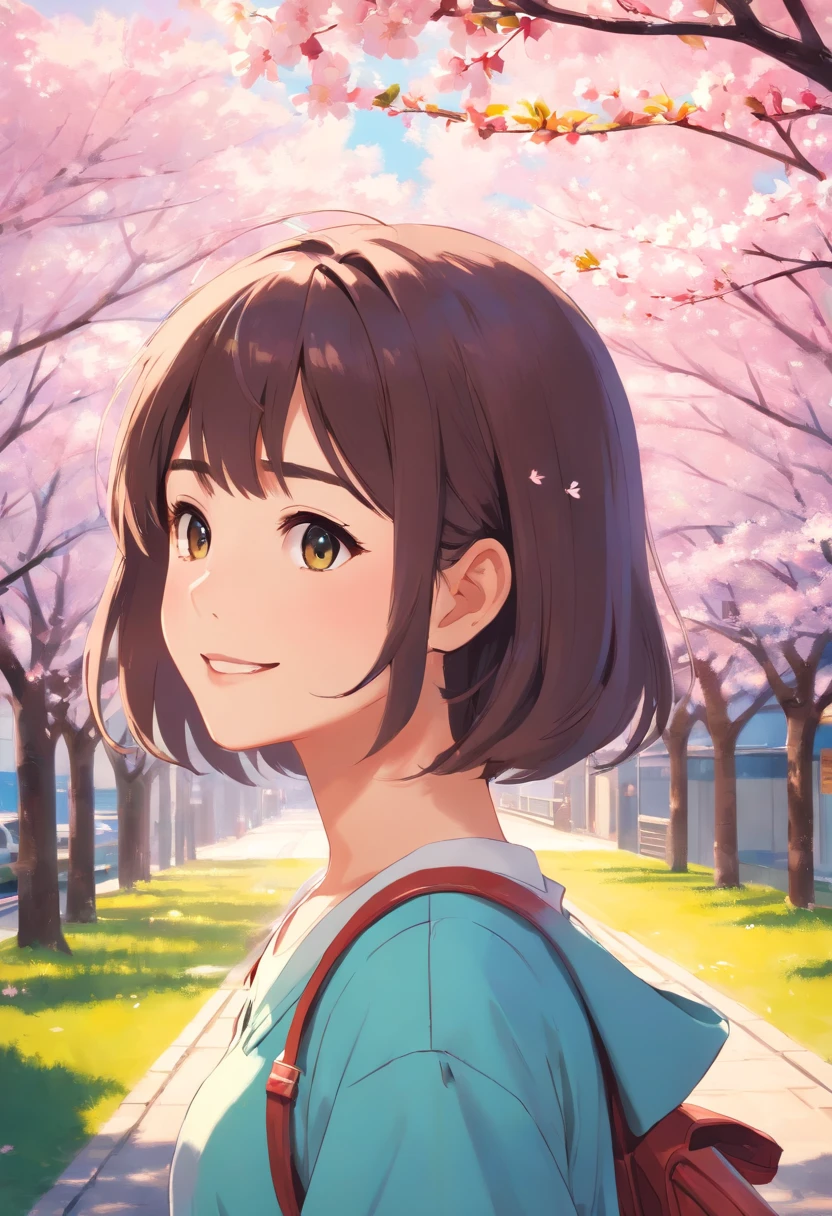 They are in front of a tree with pink flowers, a sunny afternoon