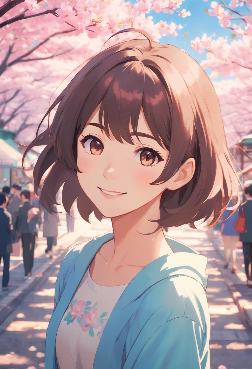 retro photography, 1960s-era , AGFA, Kodak, 1girl in, Portrait, up looking_で_viewer, Smile, Japan, tokyo prefecture, cherry blossom, Octane Render, Solo, rtrophto1