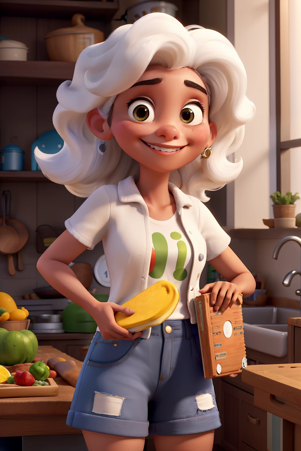 character inspired by Pixar 3D cartoons with vibrant textures, children's film poster cover, 24 year old woman, with white coat, in the kitchen, holding nutrition book, white skin, straight hair with black color, smiling, small half-Brazilian eyes half Japanese