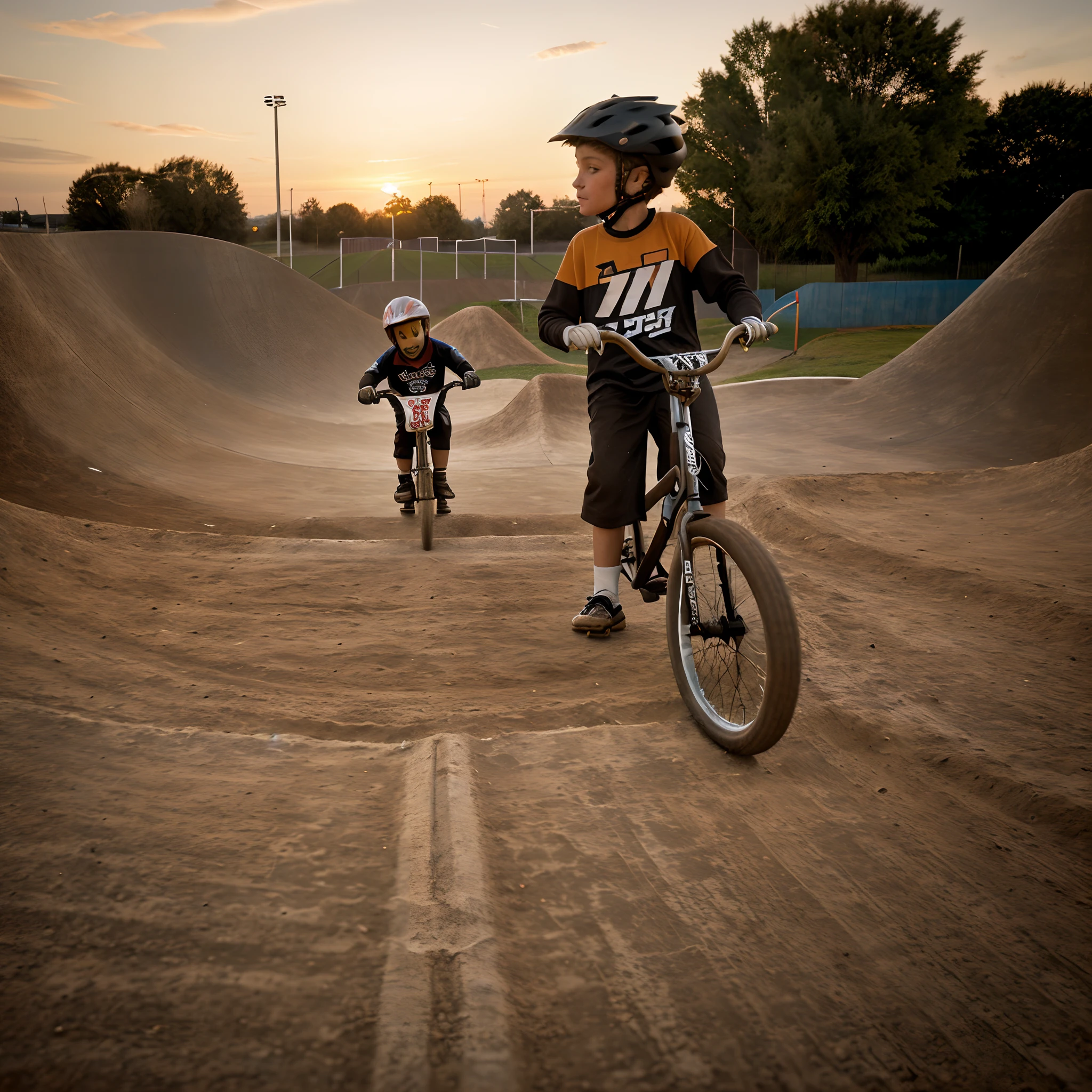 6 year old boy, light Brown hair BMX racing bike sunset background on a BMX track