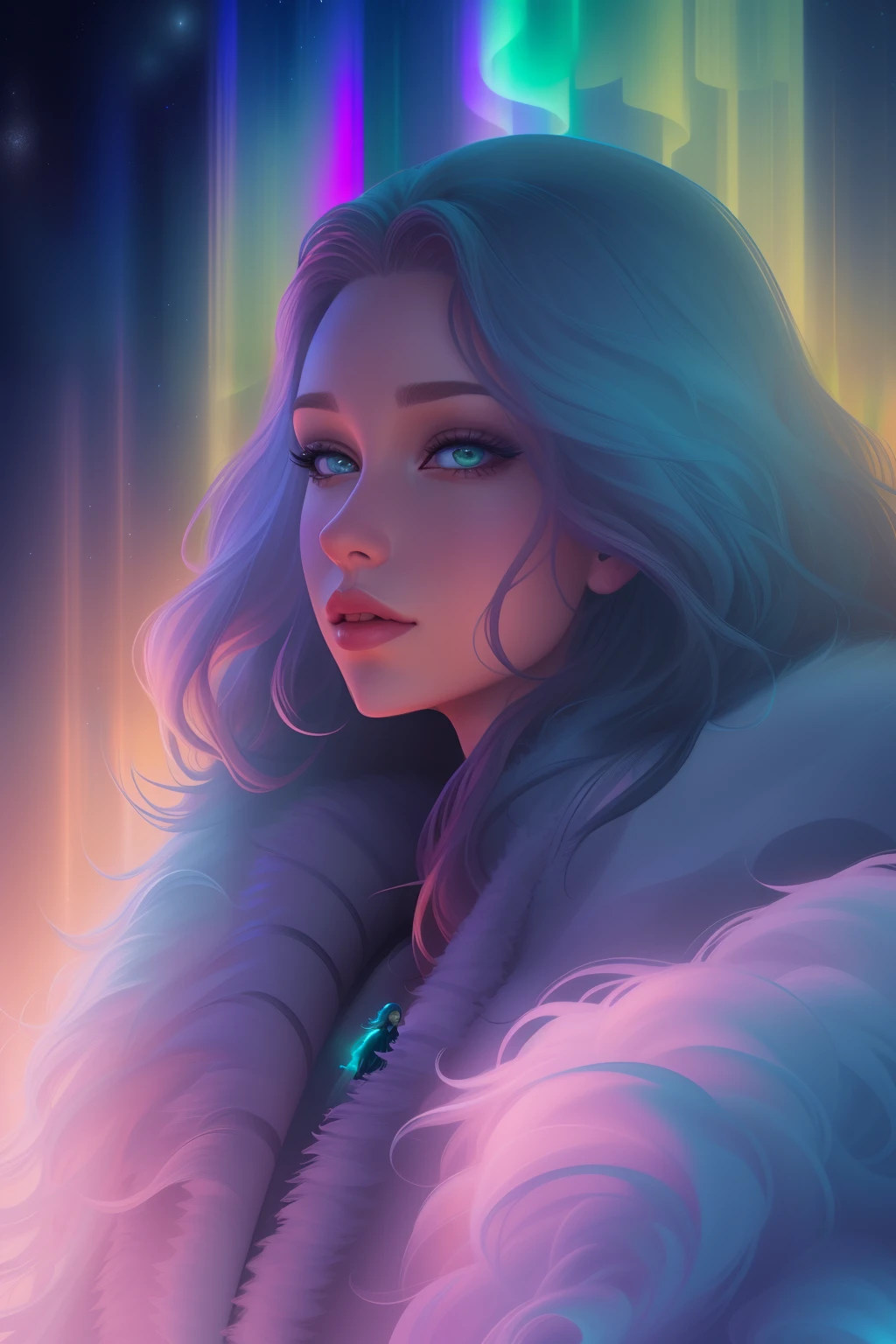 One with long hair，A woman in a furry coat is looking at the aurora, Beautiful art UHD 4 K, 8K stunning artwork, 4k highly detailed digital art, Beautiful digital artwork, colorfull digital fantasy art, jen bartel, digital art fantasy, Inspired by Cyril Rolando, 4K detailed digital art, digital art fantasy art, beautiful digital art