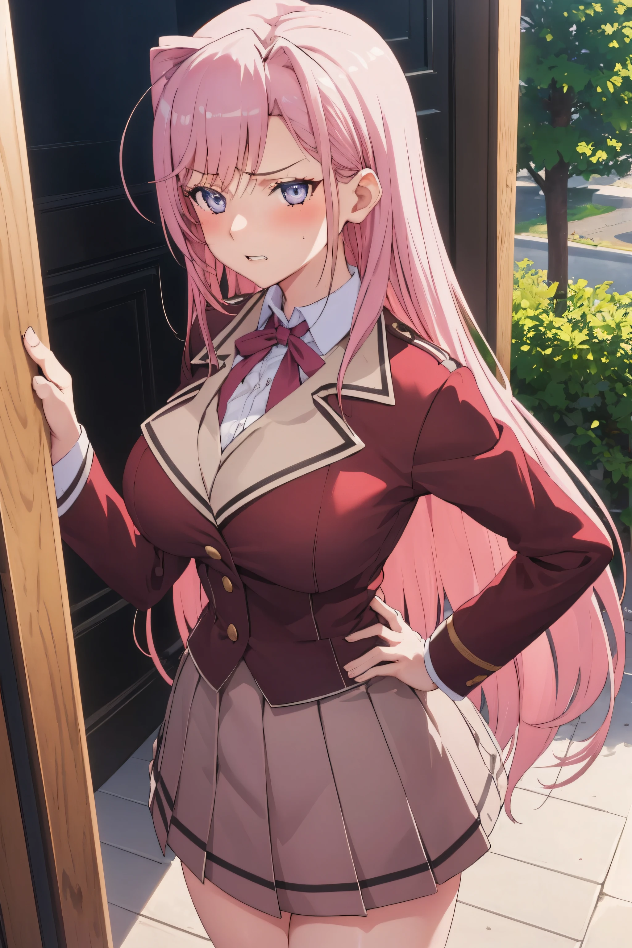 masterpiece, (best quality), 1woman,1girl ,charlotte_hazelrink,    pink hair,  long hair, very long hair,   blue eyes,purple eyes, brown_jacket,White collared shirt, Green_pleated_skirt,school uniform,  red ribbon ,   large breasts,,sexy woman, embarrassed,blush, hand on hip, angry, pov,NSFW,vibrant colors ,,natural lighting  ,RTX,  , beautiful, (detailed face:1.2), showcase, (perfect eyes:1.1) ,(photorealistic:1.1), 8k uhd,  looking at viewer, bedroom, indoors,(perfect hands, perfect anatomy),