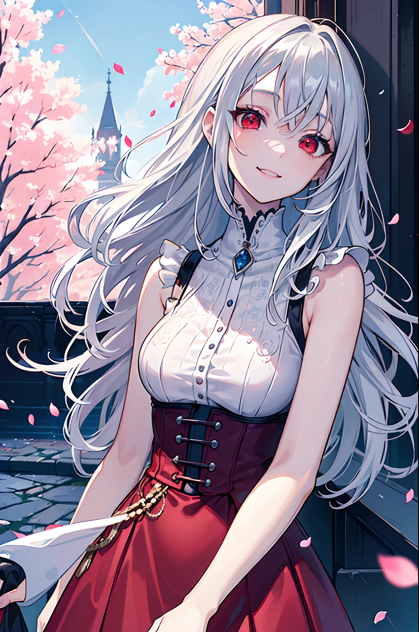 8K, masterpiece, best quality, best resolution, ultra detailed, a young girl, vampire, anime style, official art, upper body, view straight on, focus on eyes, head tilt, medium hair, wavy hair, silver hair, bangs, light smile, beautiful and detailed eyes, red eyes, beautiful and detailed face, short dress, blue sky, petals