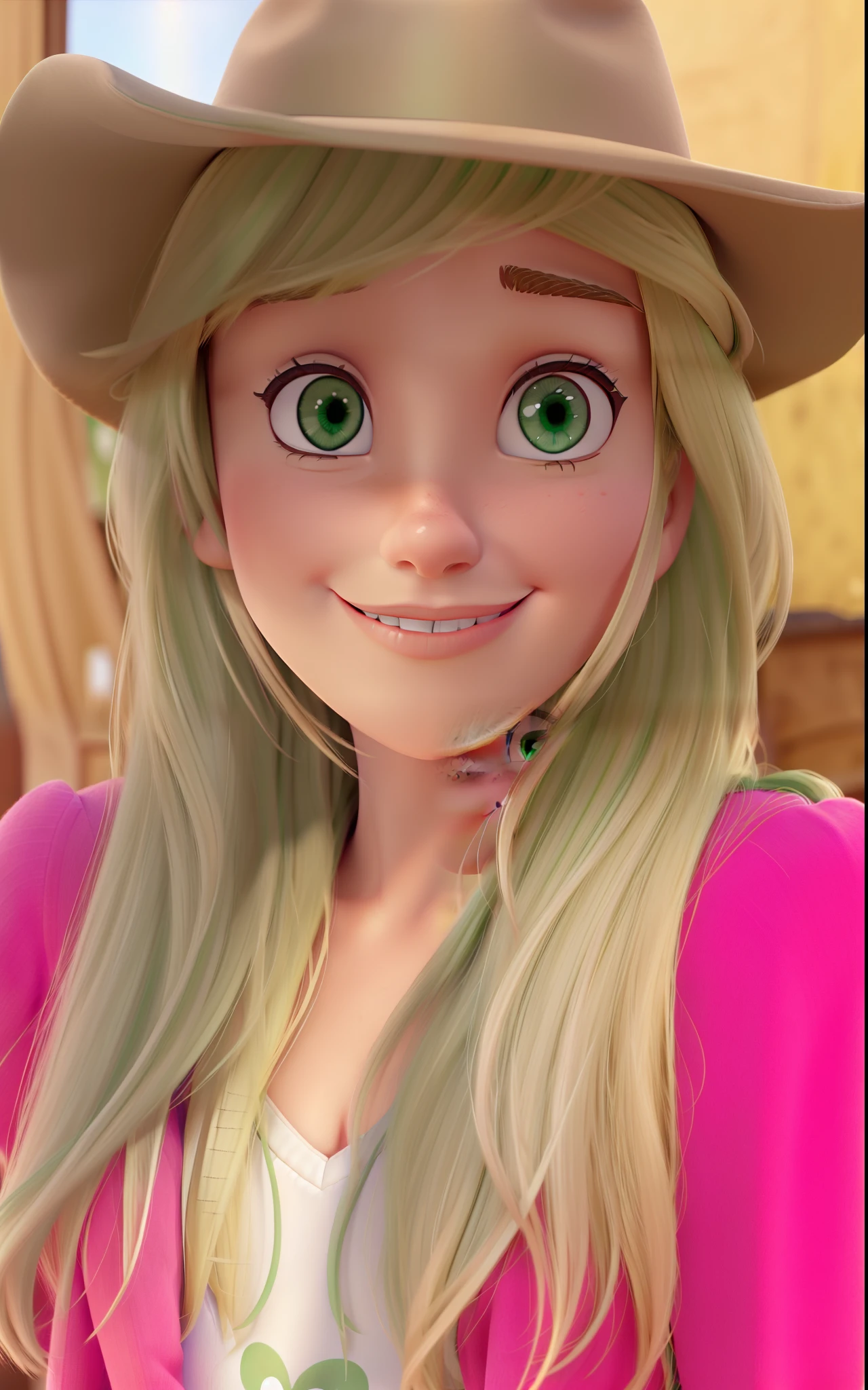 A green-eyed Disney Pixar style blonde woman wearing a brown hat, alta qualidade, melhor qualidade