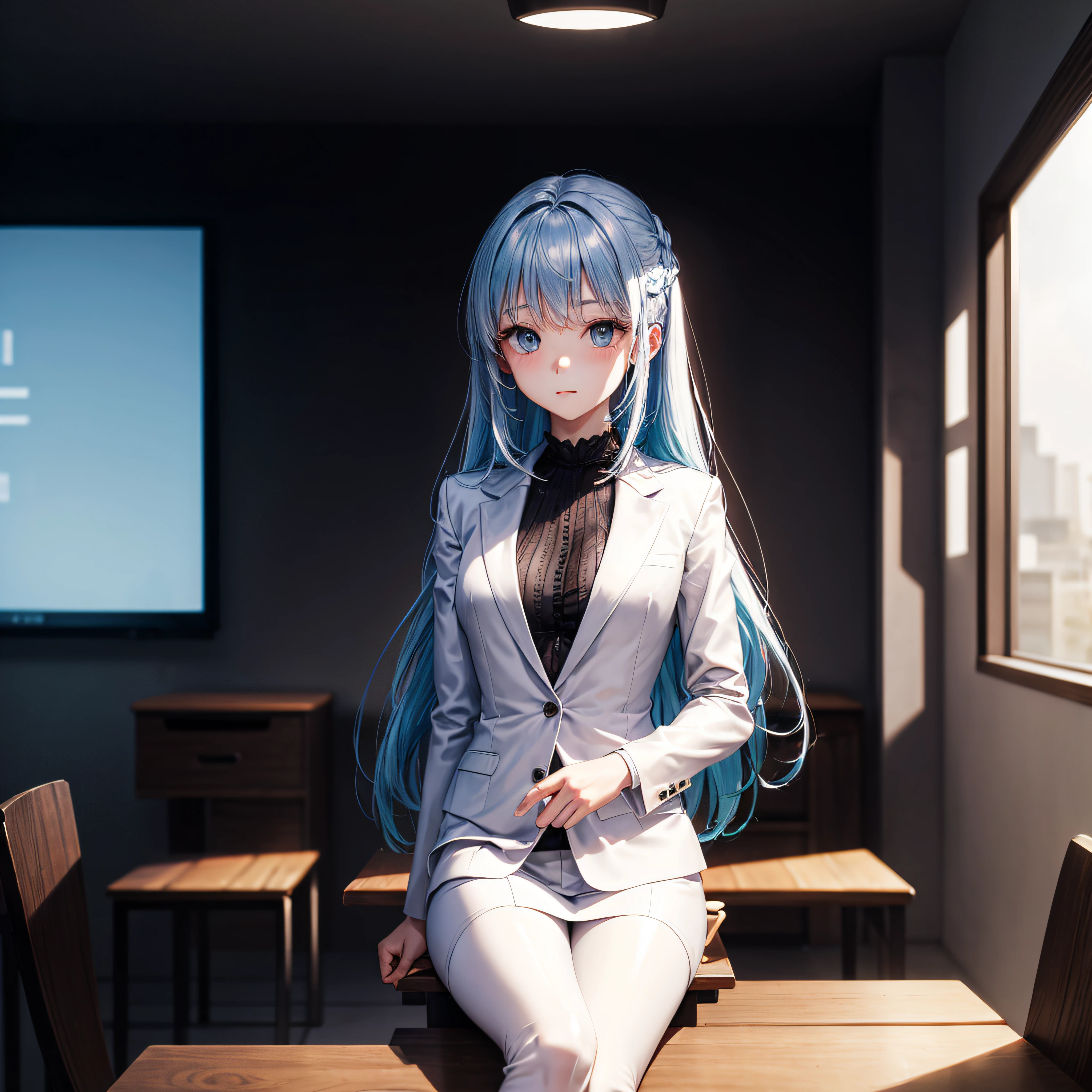 realisitic、top-quality、sit on the table、((One Woman:1.5))、Light blue hair、Very long hair、light bule eyes、meeting room、inside in room、Medium chest、black suits、White inner shirt、Black suit jacket