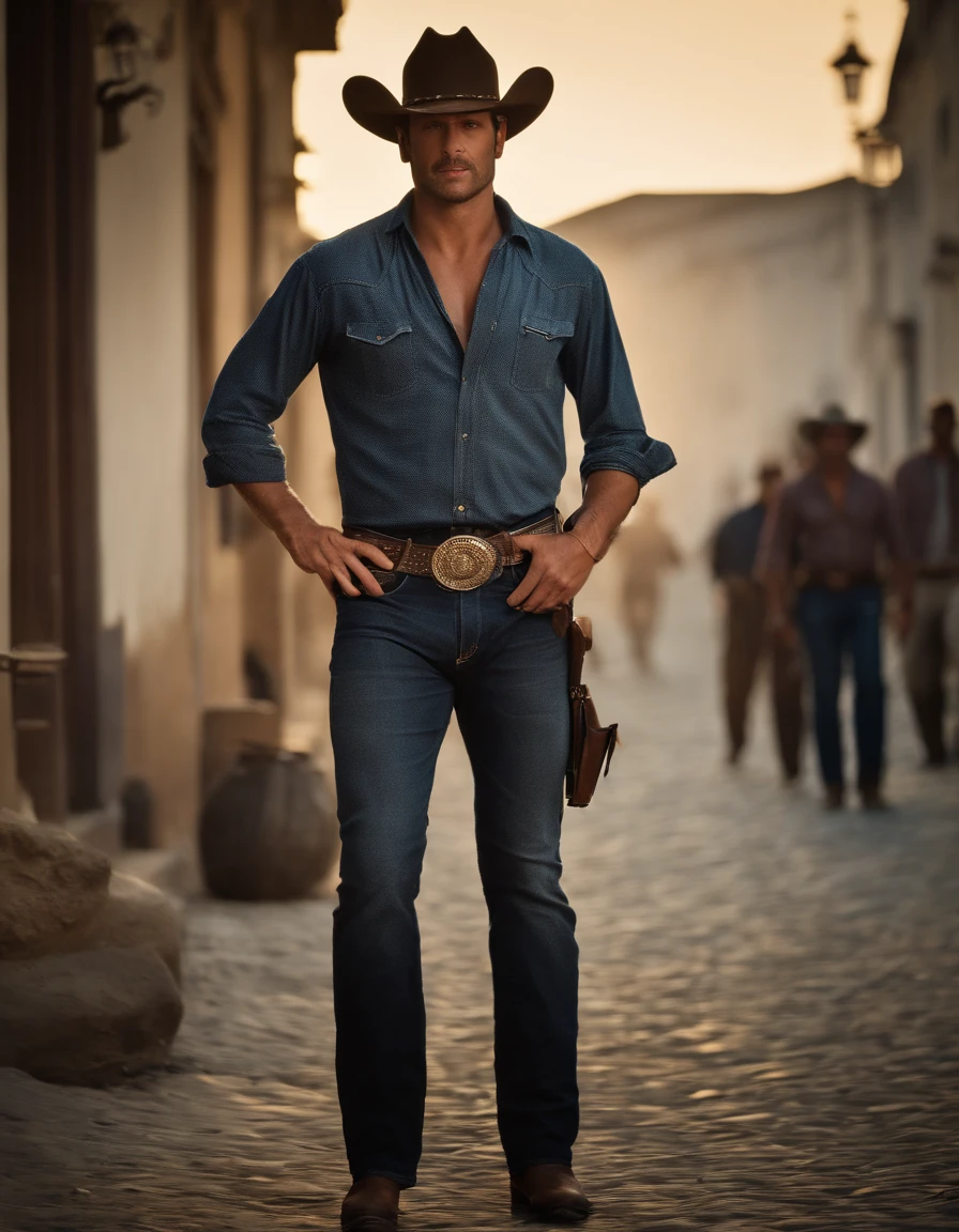 cinematic portrayal, ((parte superior do corpo)), facing the audience, (realidade :1.3), Foto de arte mais bonita do mundo, A man looks at the camera, Looks jeans vintage, Cowboy ocidental, rosto bonito detalhado, action shot, (intrincado :1.4), Fundo ocidental, fotografia realista, Durante o dia, CG, Stand de Arte