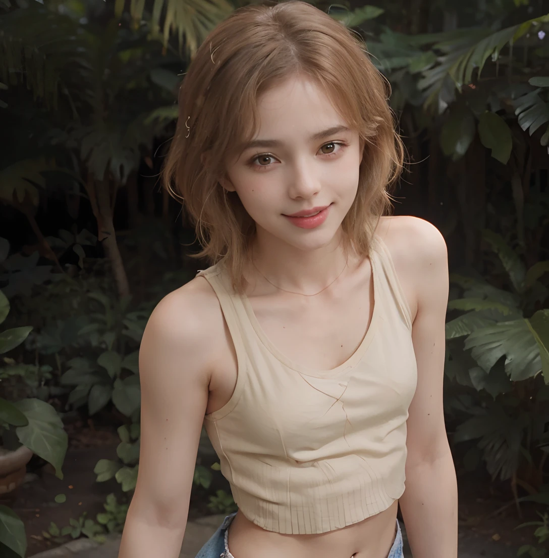 ((mid-chest, tomboy, small head)), daylight, sunlight, (well-defined abs: 1.1), (perfect body: 1.1), (short wavy hair: 1.2), russet hair, full-body photos, crowded streets, wearing white vests, ((shorts)), (extremely detailed CG 8k wallpaper), (extremely delicate and beautiful), (masterpiece), (best quality: 1.0), (ultra-high resolution: 1.0), beautiful lighting, perfect lightning, realistic shadows, [high resolution], Delicate skin, ultra-detailed, charming smile