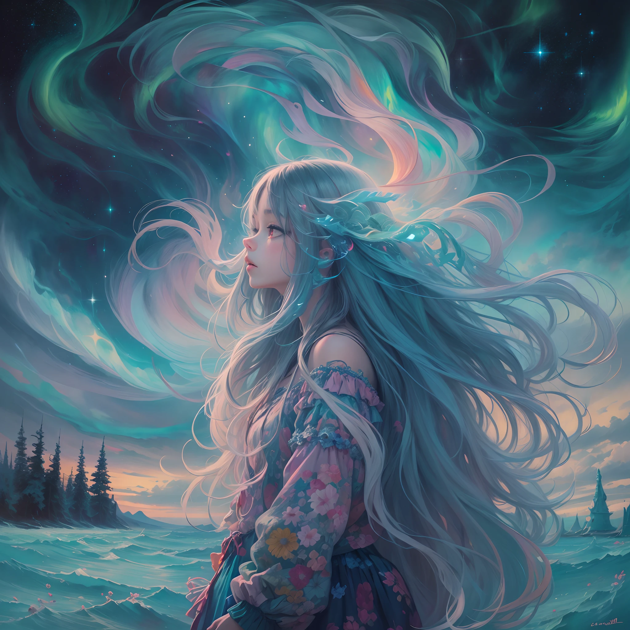 oil painted,trippy art,aurora borealis,long hair girl,starrysky。