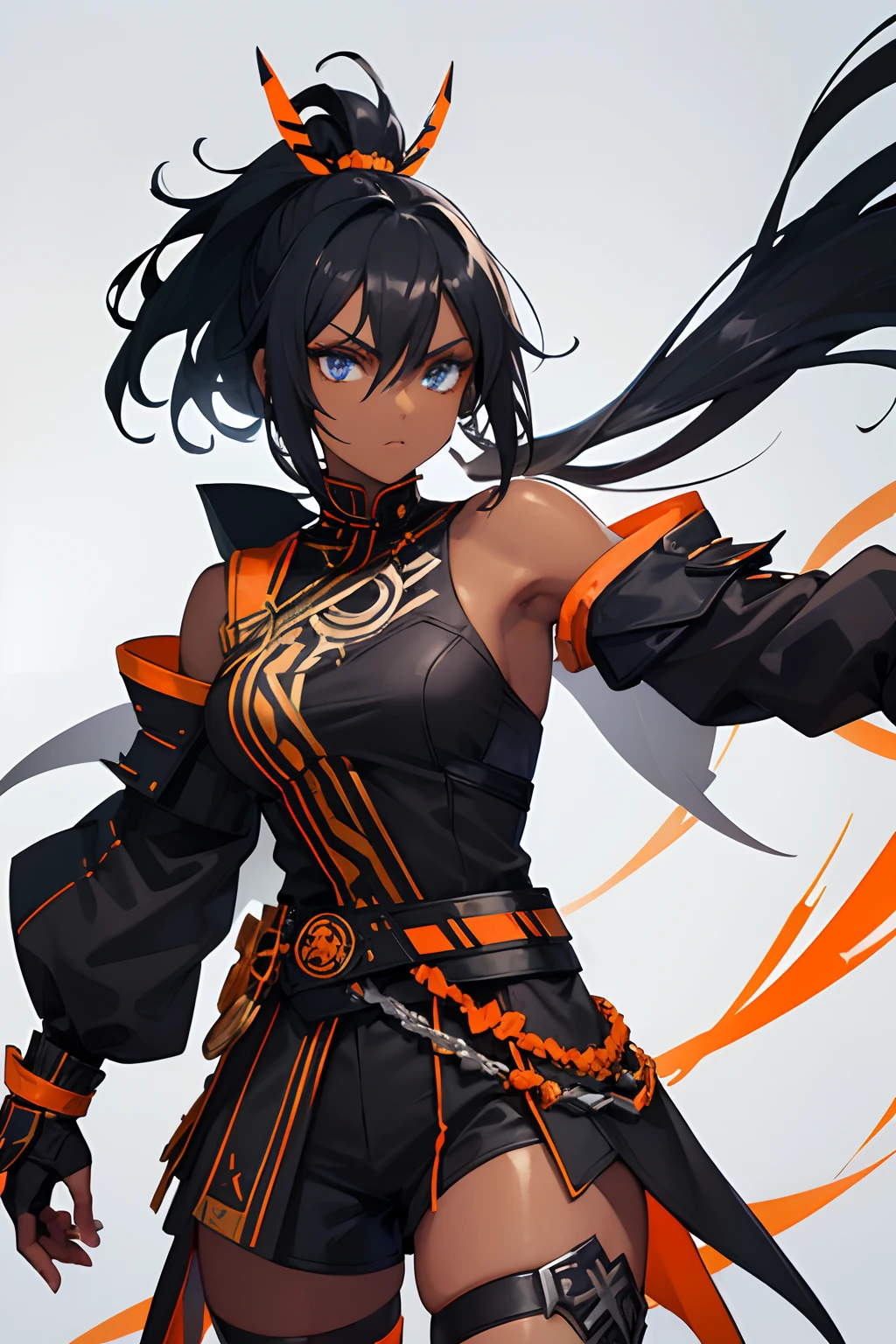 1girl , (((Dark Skin)))), Black Hair with Ponytail, (((Blue Eyes))), ((Black Metallic Gauntlets and Greaves with Orange and Silver Highlights)), (((The Clothes Have a Mix of Modern and Tribal))), (((The Clothes Have a Mix of Modern and Tribal))),  having mostly the color black, but having parts in orange, shoulders exposed, at the hip a shorts that extend to half of the thigh of black color. ((Black Overcoat with a orange inner part)) absurd res, best res, high res, best face, best eyes