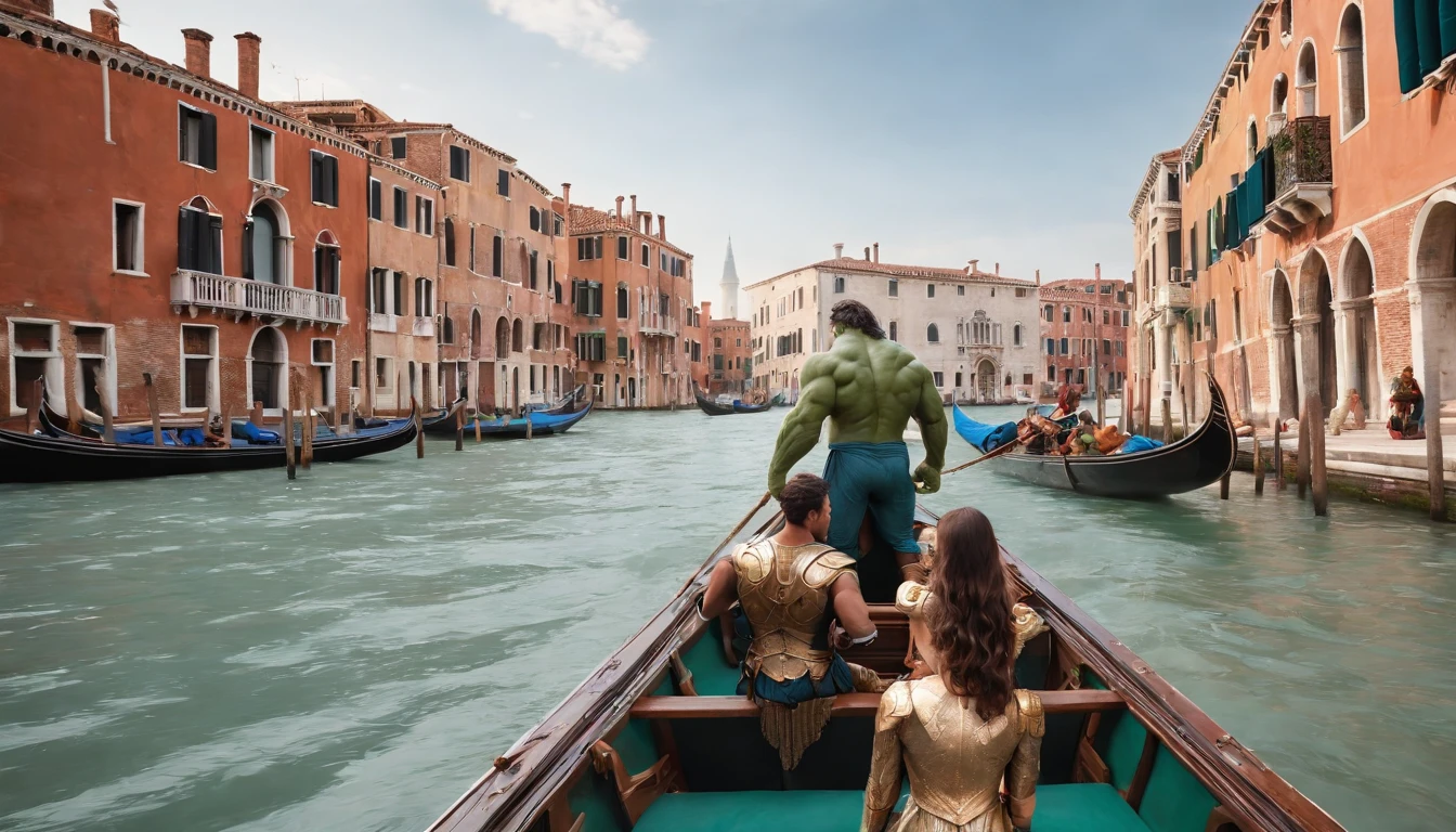 The Incredible Hulk-Hulk and Wonder Woman-Gal Gadot, both immensely powerful superheroes, are seen happily sailing in a traditional Venetian gondola along the enchanting Grand Canal. The Majestic Buildings, adornado com detalhes intrincados e cores vibrantes, subir elegantemente em ambos os lados do canal, creating a picturesque backdrop for this extraordinary setting. The gondola itself is expertly crafted, reflecting Venice's rich cultural heritage. The image quality is of the highest standard, With every detail impeccably captured in ultra-high resolution (4K ou 8K). The colors are bright and vibrant, bringing the scene to life with a touch of HDR. The lighting is carefully orchestrated, with a soft glow that enhances the beauty of superheroes and the architectural wonders that surround them. The entire composition exudes an air of realism and photorealism, As if the viewer were transported to this magical world. The art style chosen for this scene is a perfect blend of comic book illustrations and realistic rendering. It captures the essence of both characters while embracing the grandeur of the Venetian setting. The color palette is rich and diverse, with the deep blues of the canal water contrasting with the warm tones of the buildings. This combination creates a visually striking and harmonious aesthetic. Geral, this suggestion paints a mesmerizing picture of the Incredible Hulk and Wonder Woman adventurously sailing in a gondola through the ethereal beauty of Venice's Grand Canal. It shows its undeniable power and combines it with the architectural wonders of the city, resulting in a magnificent masterpiece that captures the imagination and amazement of all who behold it.