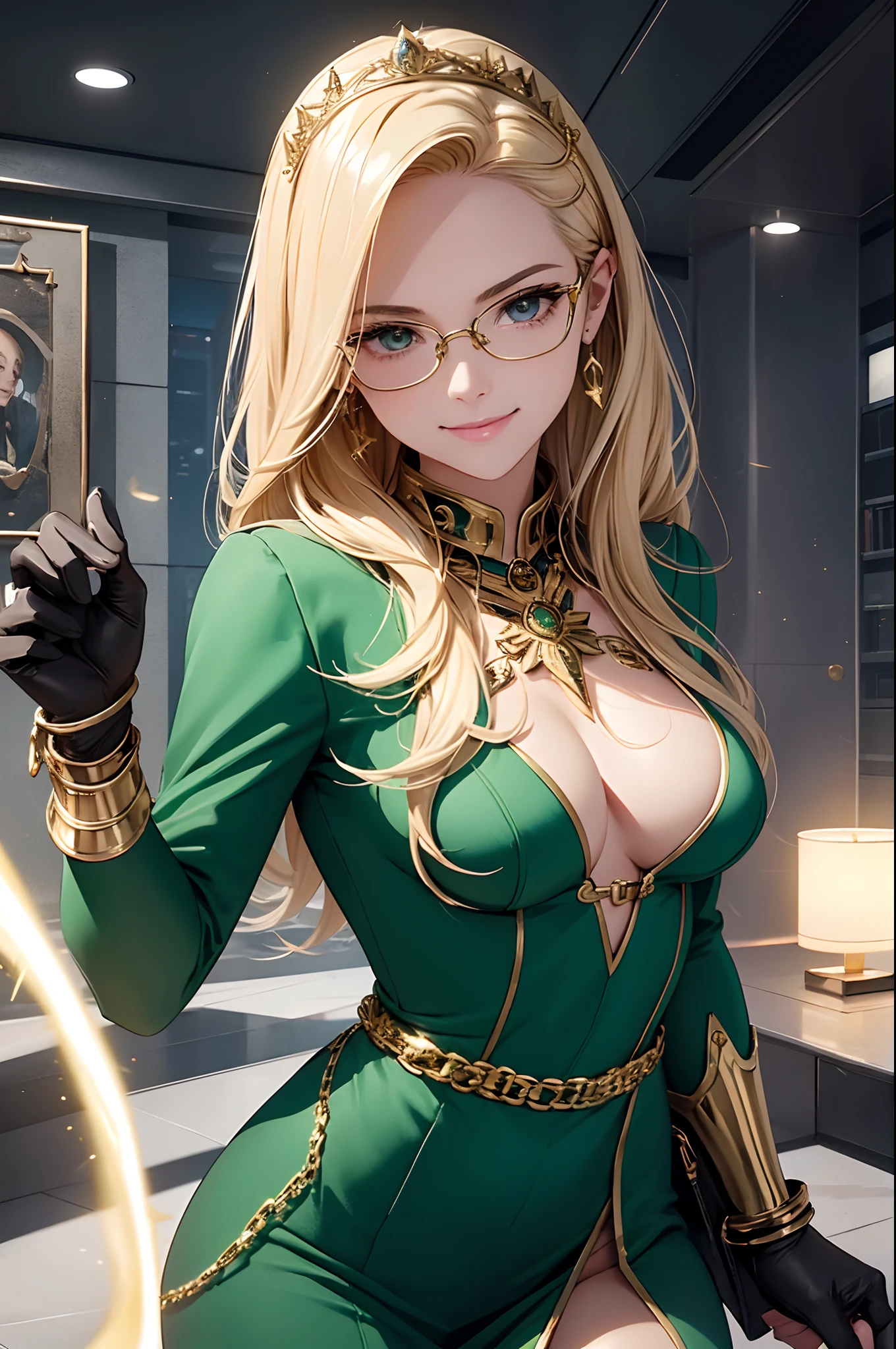 Masterpiece, girl like, cool girl, thief lady, hold in hand device, hold in hand (theft futuristic device), Artmoney, Cheat codes, cheats, program, cheat program, money, gold, treasure, health, armor, attributes, green dress, green colored outfit suit, skinny dress, diadema, golden watch, thick golden chains, golden glasses, packs of dollars in hands, smile, luxury sparks