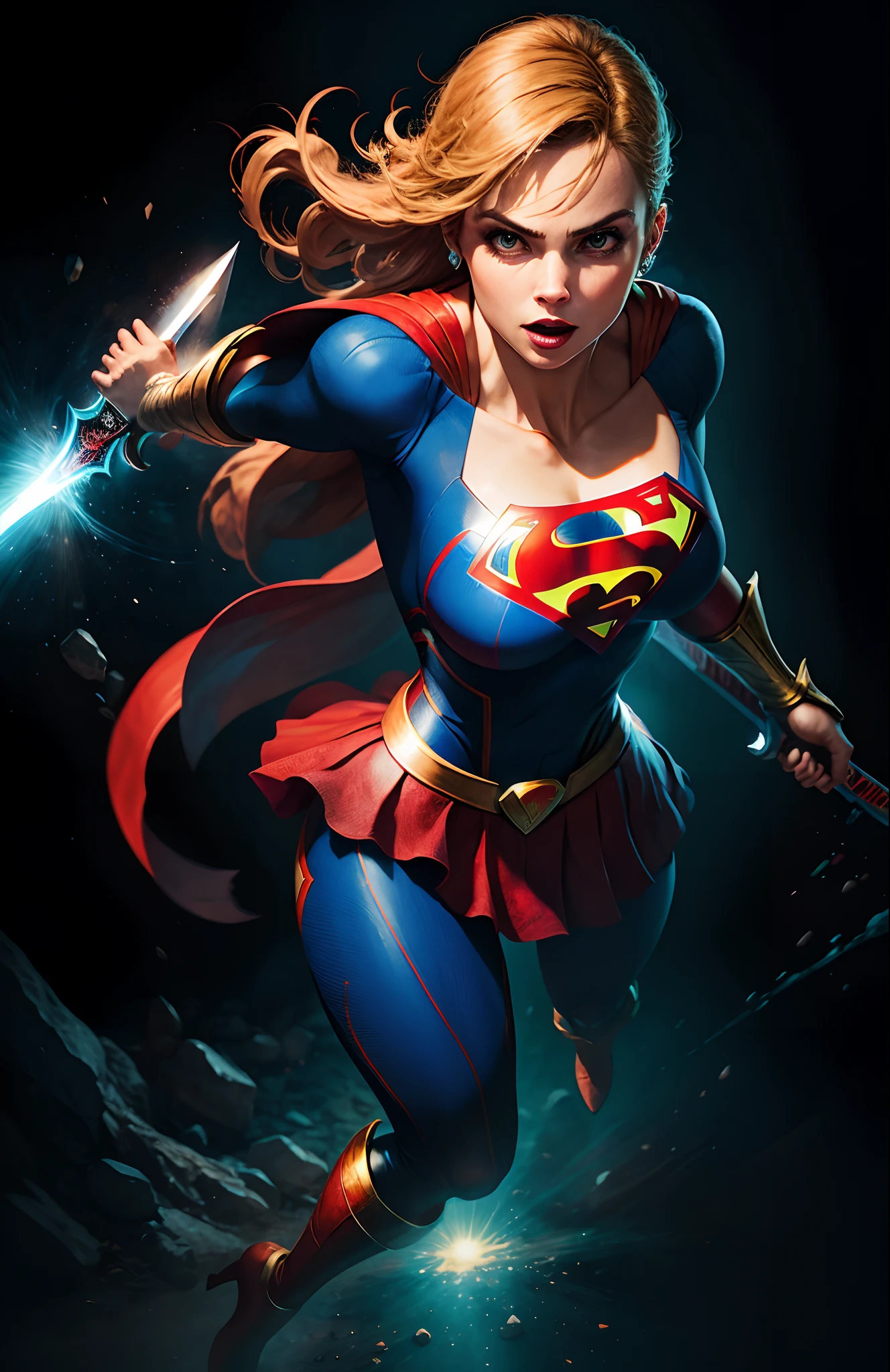Super girl/ com espada gigante/ (In the hands), 8k- realista, linda, exuberante, perfeita, espada Giant,