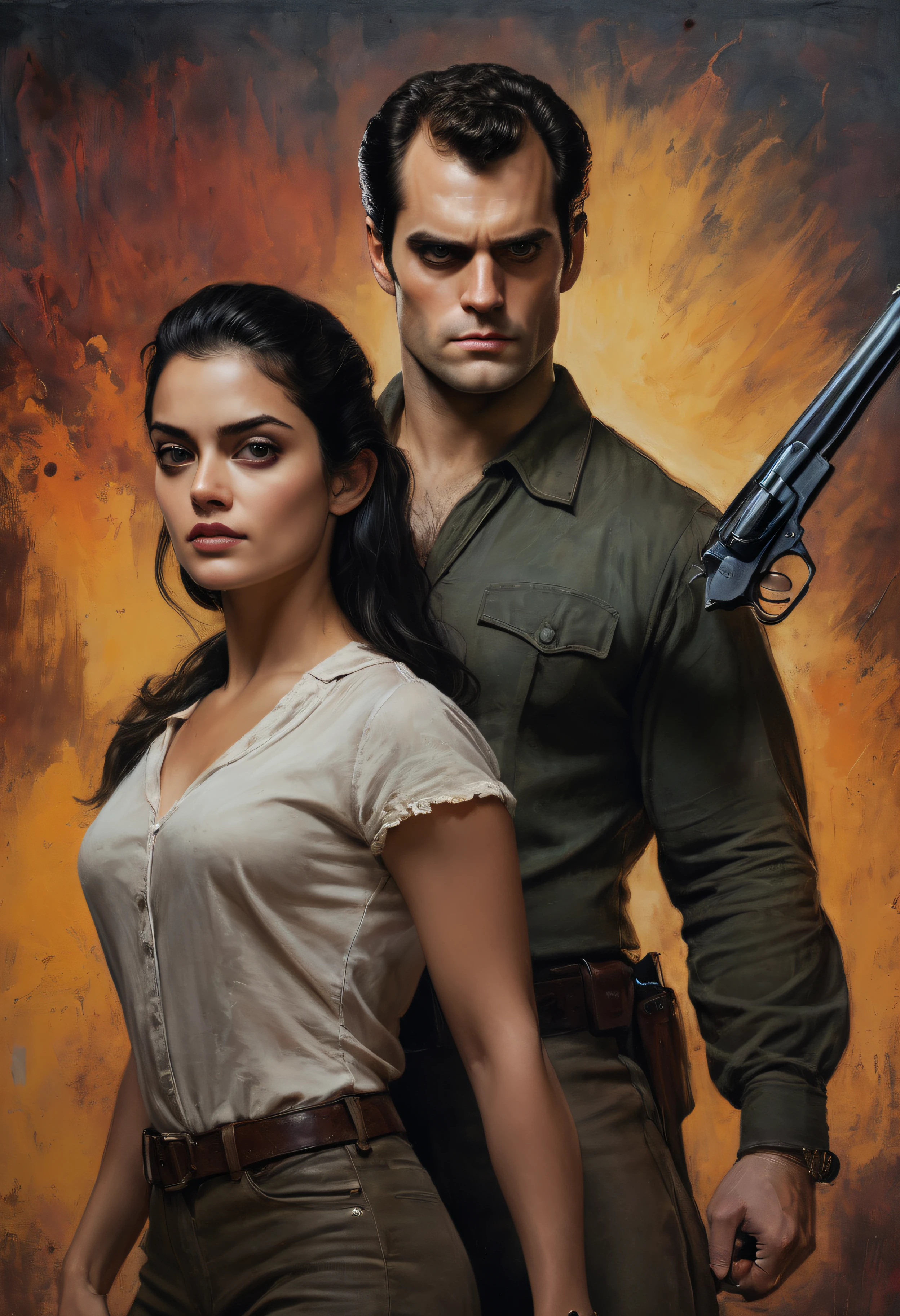 24 x 36 inch Movie Poster, Full body portrait, head to toe, Henry Cavill and Anya Chalotra brandishing a pistol, back to back, a dark, stained wall in the background, oil painting on canvas, in the style of Frank Frazetta, 32k UHD, Vibrant, extremely colorful, sharp, detailed,