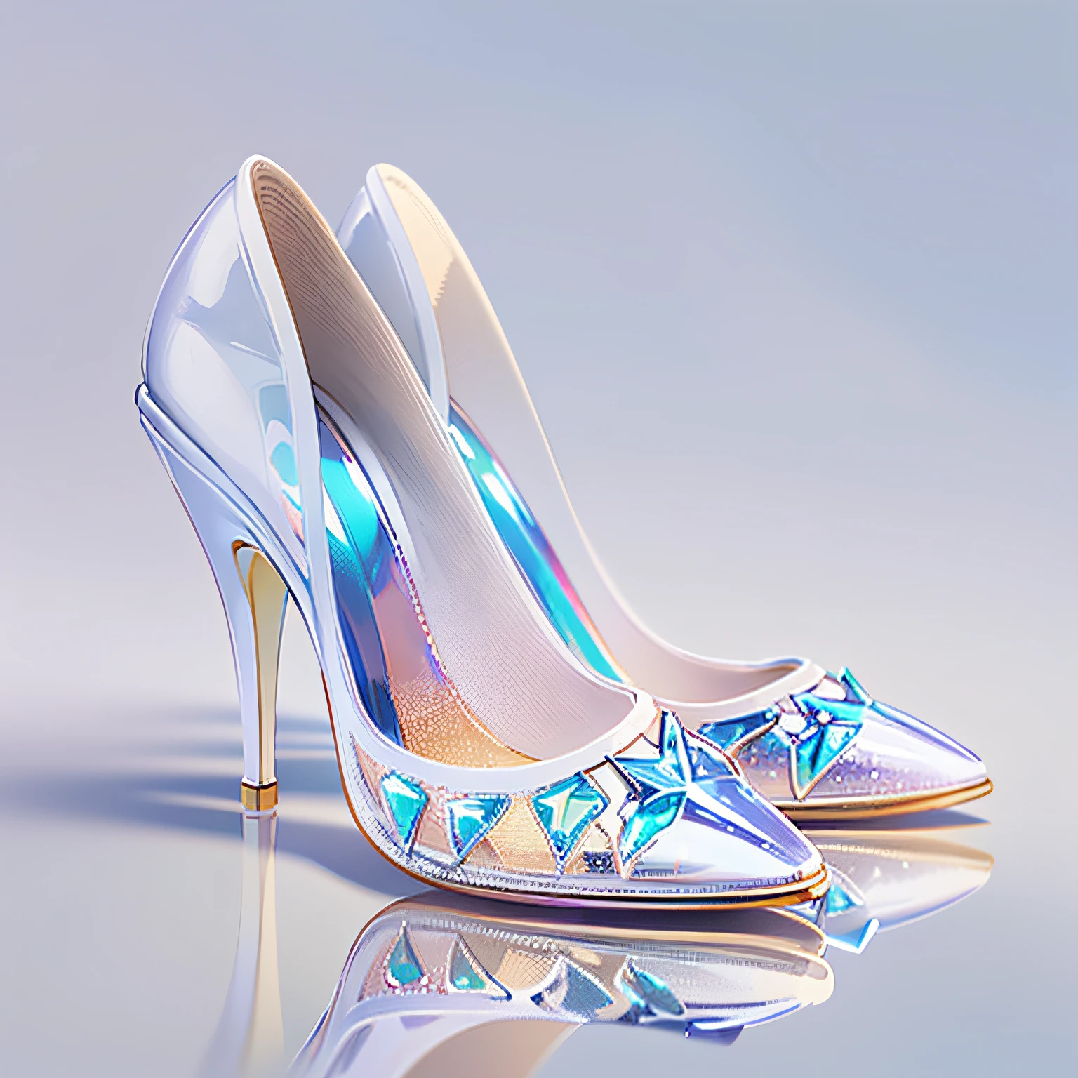 A pair of high heels,without humans,(Top resolution:1.5), (Top image quality:1.5), Close-up of a pair of shoes on a shiny surface, slightly holographic, fairy tale style background, made in adobe illustrator, Magical items, holograph, illustration!, (Pure white high heels:1.7), (Transparent heels:1.7), (The background is the seaside:1.6)