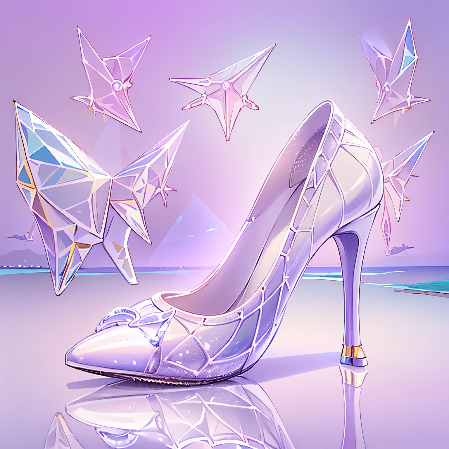 A pair of high heels，without humans，(Top resolution:1.5),  (Top image quality:1.5), Close-up of a pair of shoes on a shiny surface, slightly holographic, fairy tale style background, made in adobe illustrator, Magical items, holograph, illustration!, (Pure white high heels:1.7), (Transparent heels:1.7), (The background is the seaside:1.6)