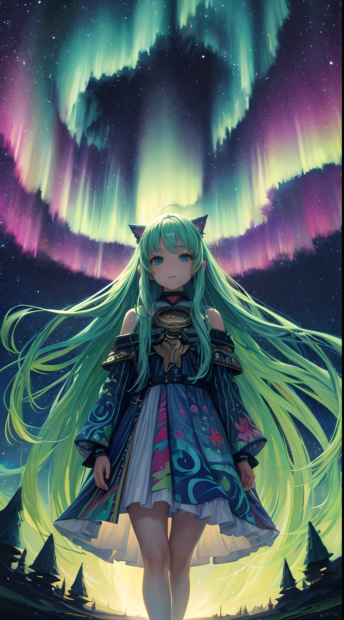 oil painted,trippy art,aurora borealis,long hair girl,starrysky。