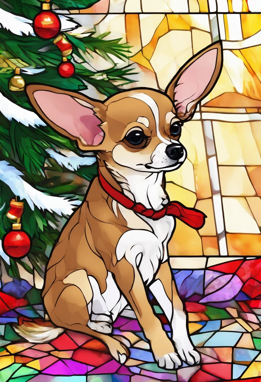 chihuahua sitting in front of Christmas tree in they syle off isometric anime, sharp/prickly, on white background