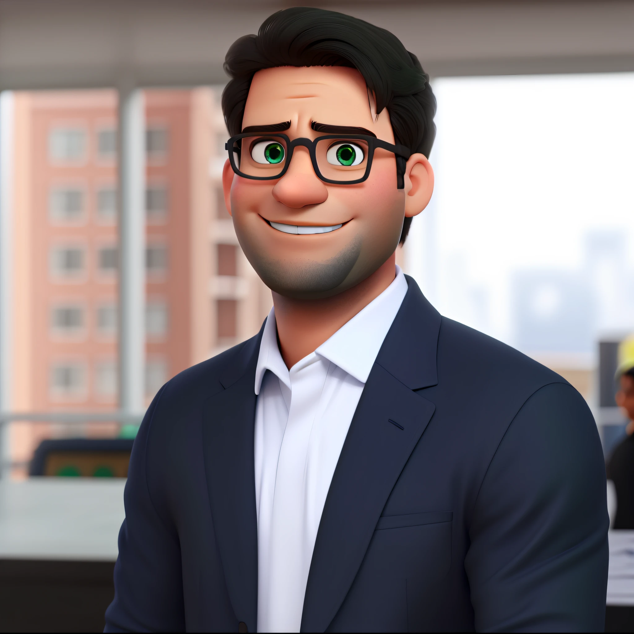 Um homem branco e olhos verdes estilo disney pixar, trabalhando no mercado financeiro, alta qualidade, melhor qualidade