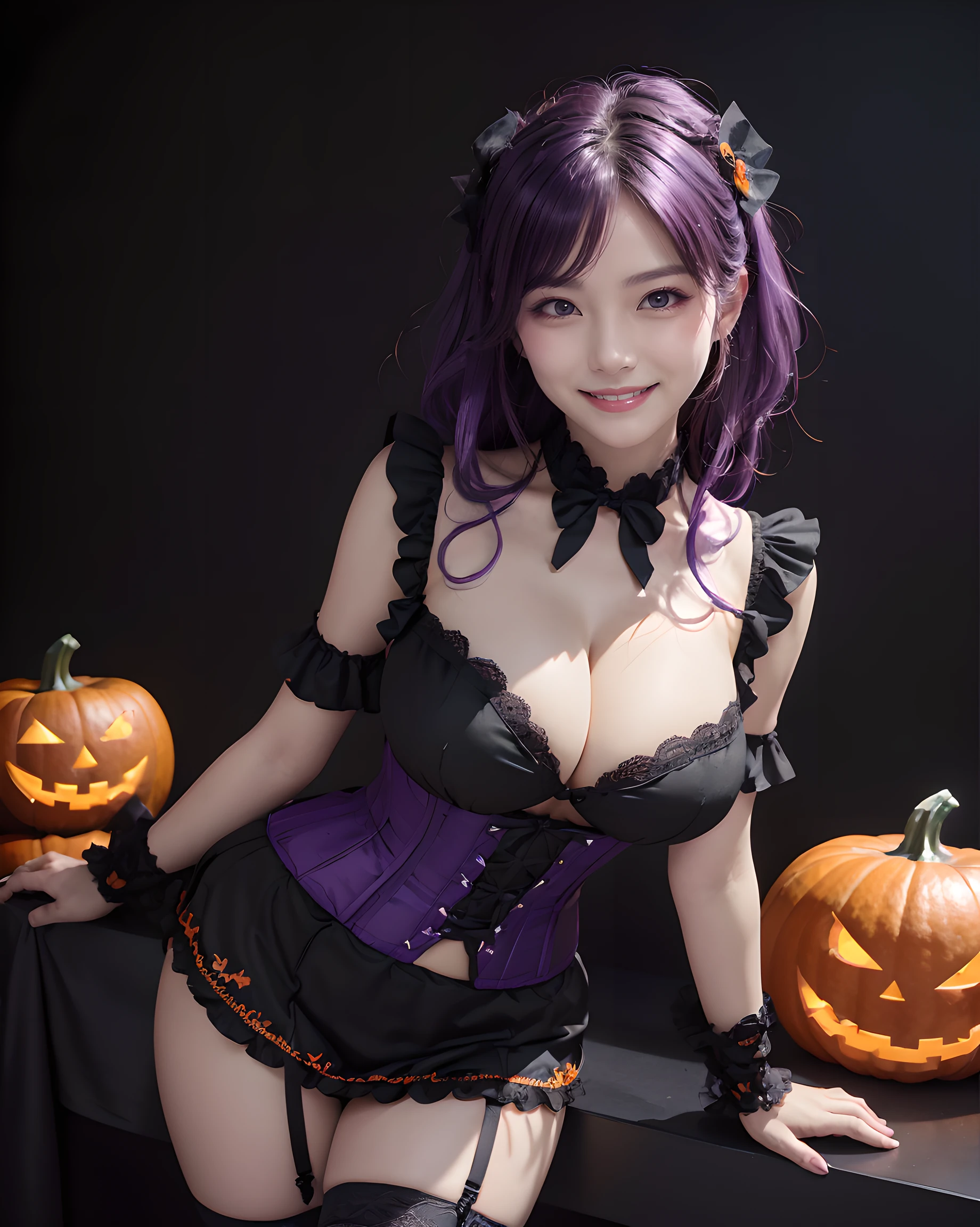 (simple black background:1.5), (Halloween theme:1.3), (halloween background:1.3), upper body portrait of a very busty beautiful woman wearing overbust lace corset, ultra detailed embroidery full lacy corset, frilled lacy short skirt:1.3, detailed clothes, BREAK, (;D1.3, happy evil smile:1.2)), perfect face,perfect eyes,HD details,high details,sharp focus,studio photo,HD makeup,shimmery makeup,celebrity makeup, (bust up image:1.5), ((centered image)) (HD render)Studio portrait,magic, magical, fantasy,(huge breasts)(large breasts),(big breasts),(sagging breasts), wavy curly hair:1.3, (purple hair:1.3), (front view:1.3), from below, low angle, (pumpkin on thighs:1.3),