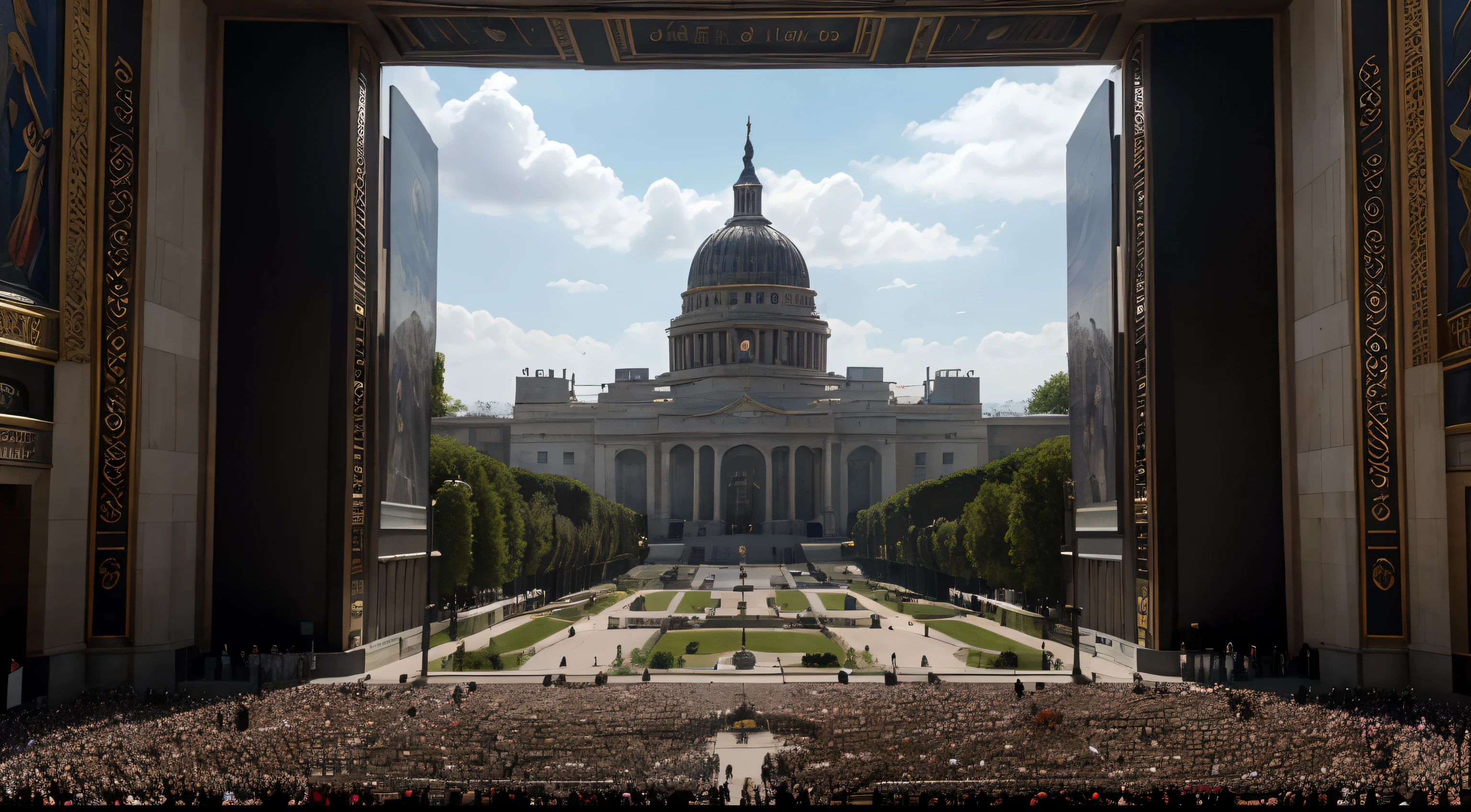 (best quality, highres, ultra-detailed), monument, historical scene, abolition of the army in 1948, peace, stability, country, peaceful atmosphere, unity, pride, symbolic representation, grandeur, detailed architectural design, meticulous craftsmanship, realistic portrayal, vibrant colors, realistic lighting, historical accuracy, significant moment, celebratory atmosphere, large crowd, joyful expressions, national heritage, sense of accomplishment, historical landmark