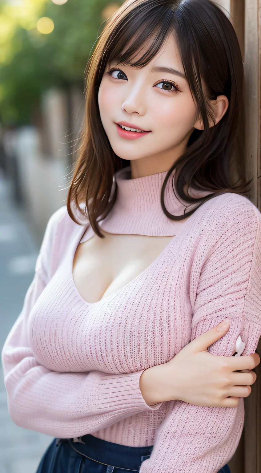 Brown Hair,Medium Hair,18-year-old female, Small nose, With the correct face, Cute natural smile, Japanese facial features, A clean and cute face, Cute realistic portrait, Asian Face, 8K Photo, Soft Makeup,Natural skin texture,Raw photo,highest quality,Full Body Shot,Showcasing cleavage,Seductive pose,Playing with a dog