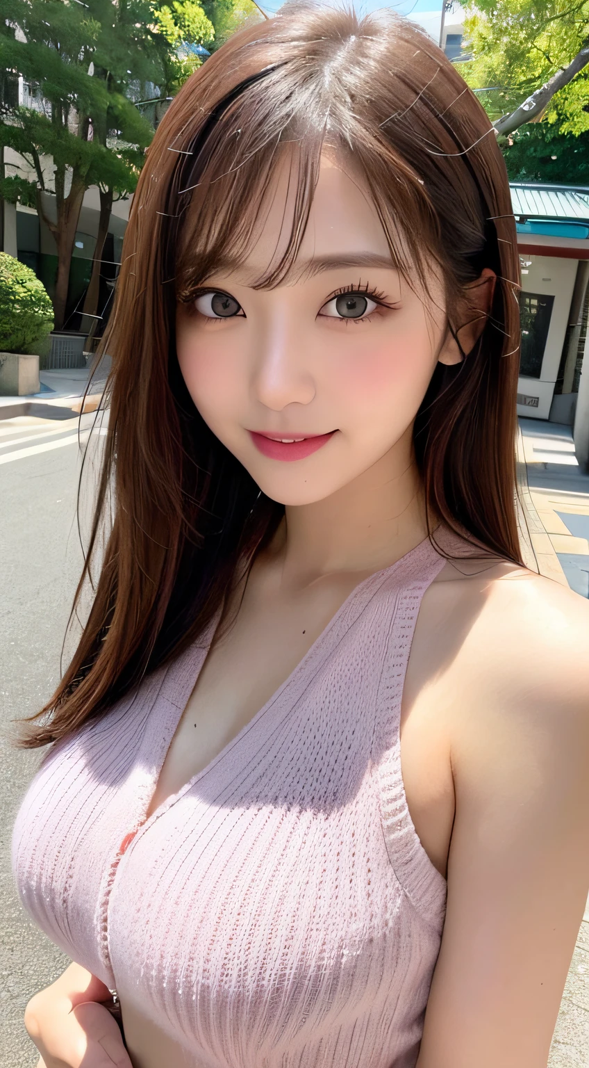 masutepiece, Best Quality, Photorealsitic, finely detail, hight resolution, 8K Wallpapers, Perfect dynamic composition, Beautiful detailed eyes, Medium Hair, Tied hair、large full breasts, Random and sexy poses,Bring your chest together、(Tight pink see-through knitwear)、(Breast bulge 1.3)、A smile、open open mouth、The tip of the tongue is visible、(Licking Tongue 1.5)、Beautiful resort scenery、25-years old、(Drooping eyes 1.4)、Adult beauty、japanes、Staring at the person taking the photo
