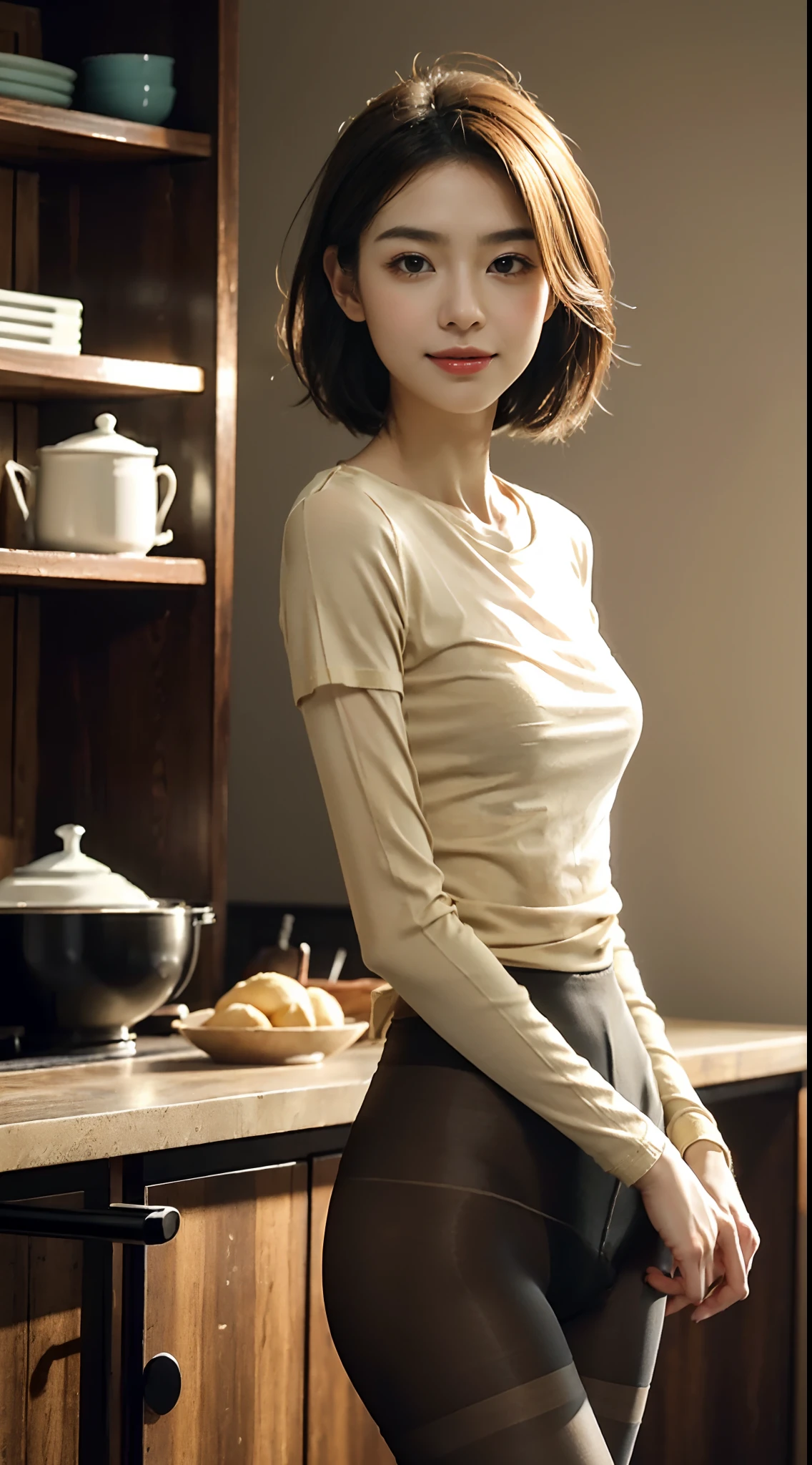 small head,  (perfect bodies: 1.1), (shoulder length straight short hair:0.9), （极其细致的CG 8k壁纸），（Extremely refined and beautiful），（masterpiece），（best qualtiy：1.0），（超高分辨率：1.0），(upper body:1.3)，[A high resolution]，cheerfulness，Smile,(Smooth and flawless fair skin:1.5),ultra - detailed,Elongated legs,(Small breasts:1.1),Flat chest,Slim，emaciated,(beige T-shirt:1.5),(see through beige pantyhose:1.4),(round hips:1.3),(sharply hips:1.5),In kitchen,blue green backgroundstanding,(from front:1.3),(Close shot:1.3),nightfall，warm light,Several dishes on table,standing,(cowboy shot:1.3),(Portrait photo:1.3)